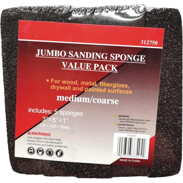 Jumbo All-Purpose 3 In. x 5 In. x 1 In. Medium/Coarse Sanding Sponge (5-Pack) - Iieemm