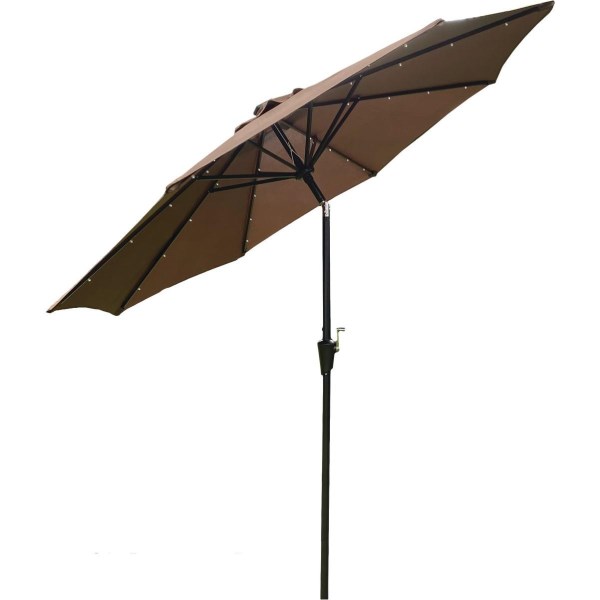 Outdoor Expressions 9 Ft. Aluminum Tilt/Crank Brown Patio Umbrella with Solar LED Lights - Iieemm