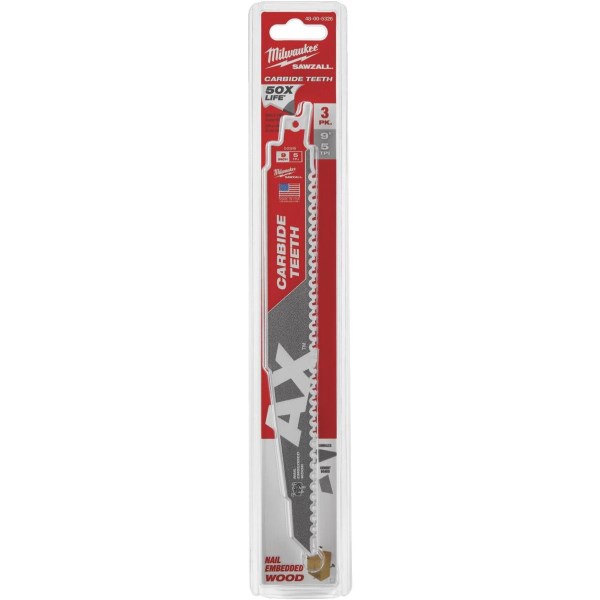 Milwaukee SAWZALL The AX 9 In. 5 TPI Wood w/Nails Demolition Reciprocating Saw Blade with Carbide Teeth (3-Pack) - Iieemm