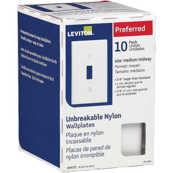 Leviton 1-Gang Thermoplastic Nylon Mid-Way Toggle Switch Wall Plate, White (10-Pack) - Iieemm