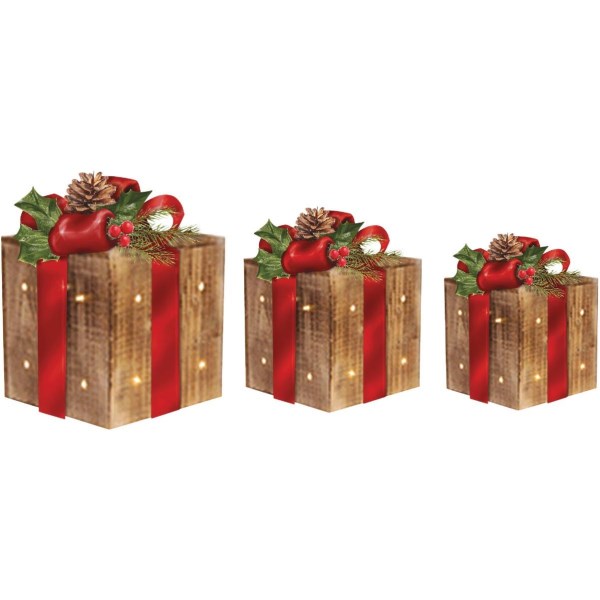 Alpine Warm White LED Rustic Wood with Red Ribbon Christmas Gift Box Set (3-Piece) - Iieemm