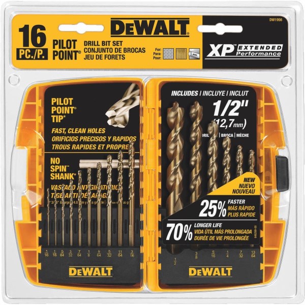 DEWALT XP16-Piece Titanium Pilot Point Drill Bit Set, 1/16 In. thru 1/2 In. - Iieemm