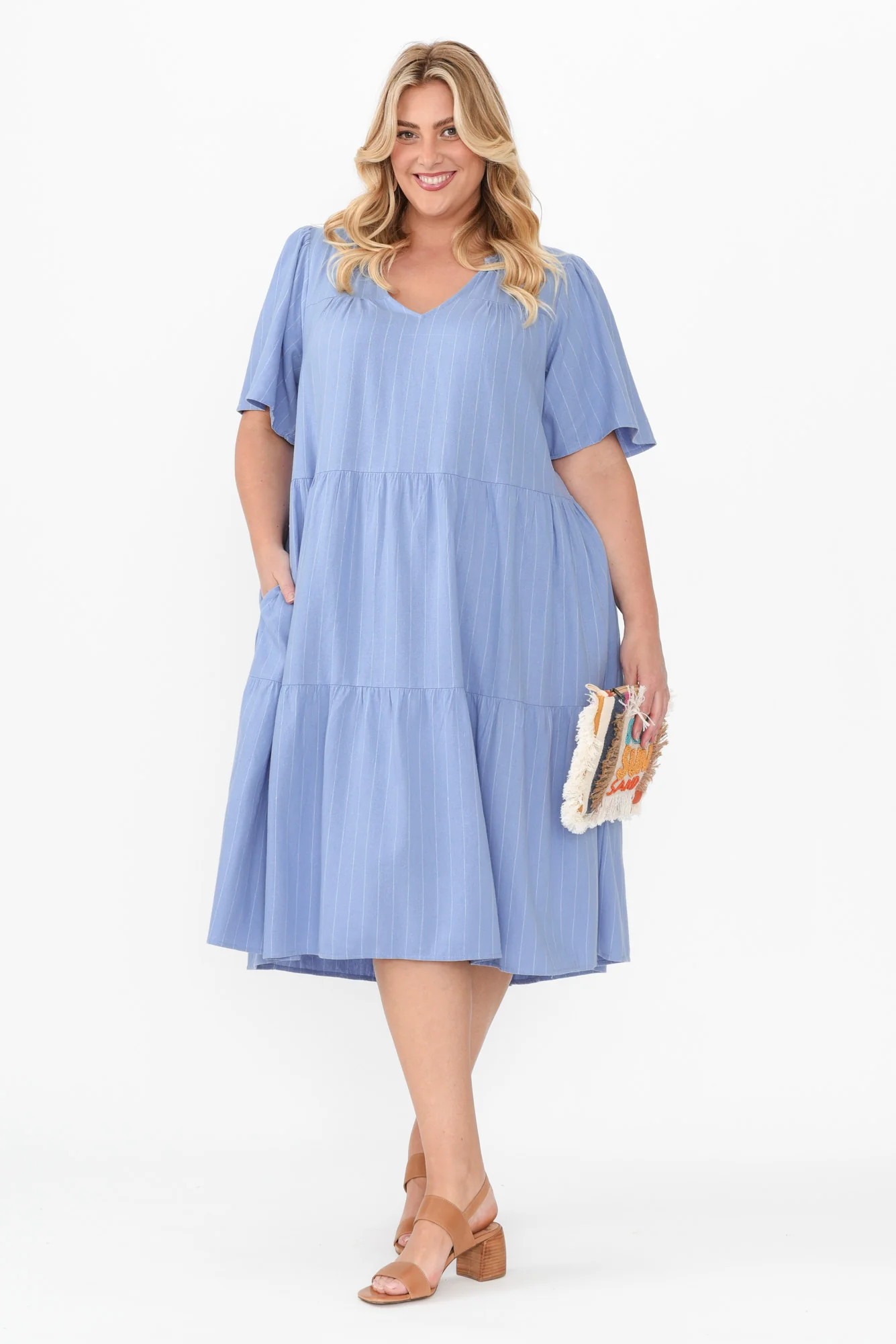 Regina Blue Linen Blend Tier Dress