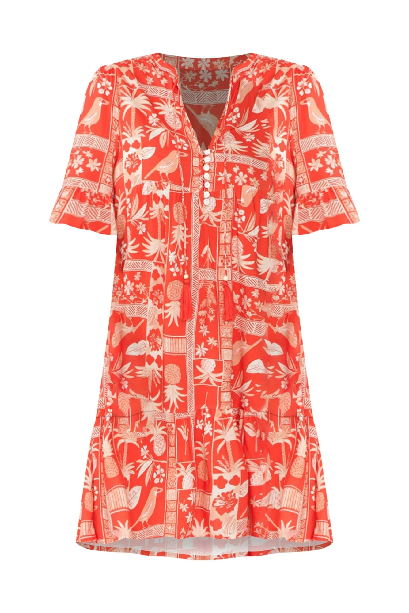 Zorita Red Tropical Frill Sleeve Dress