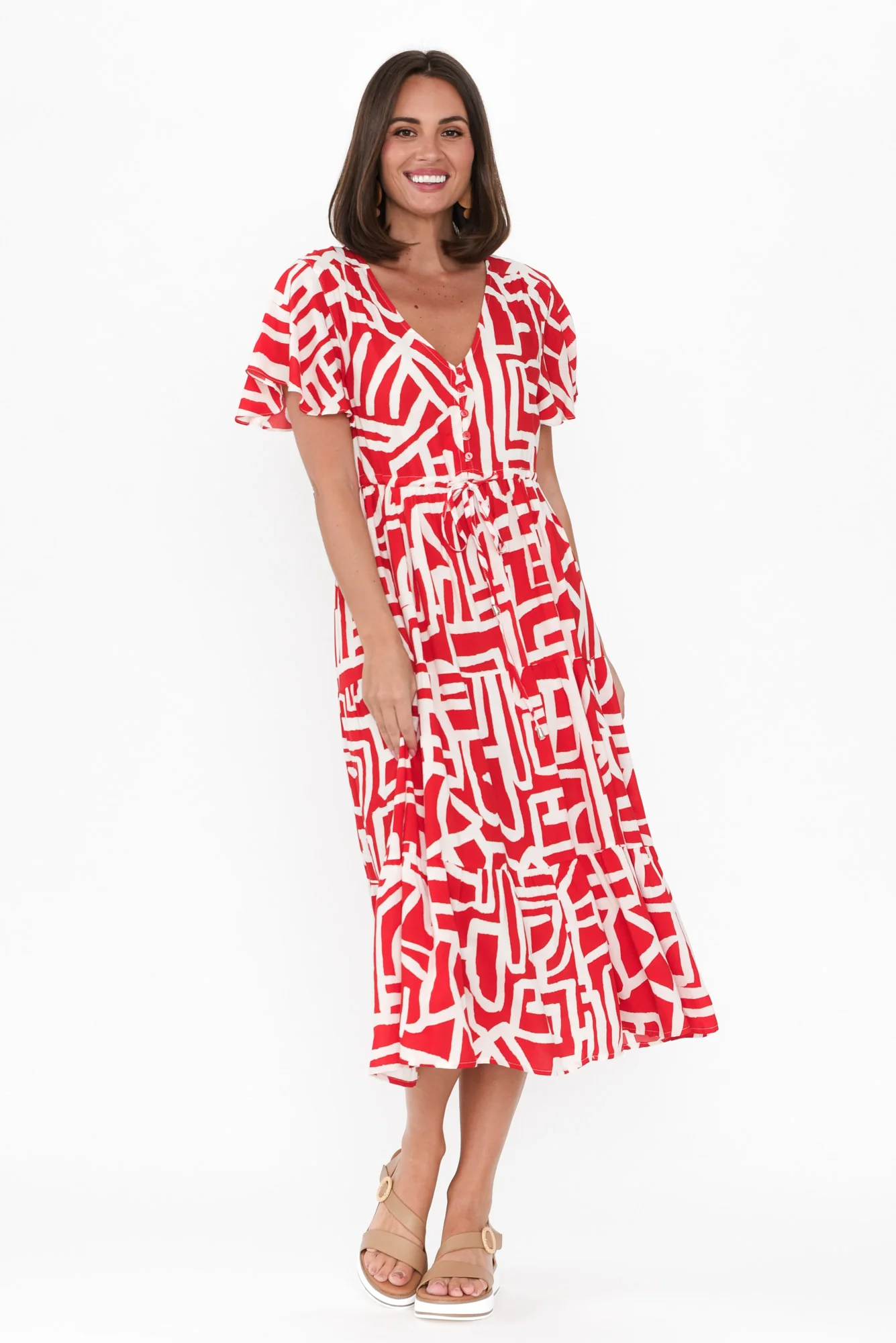 Johanne Red Abstract Tie Dress