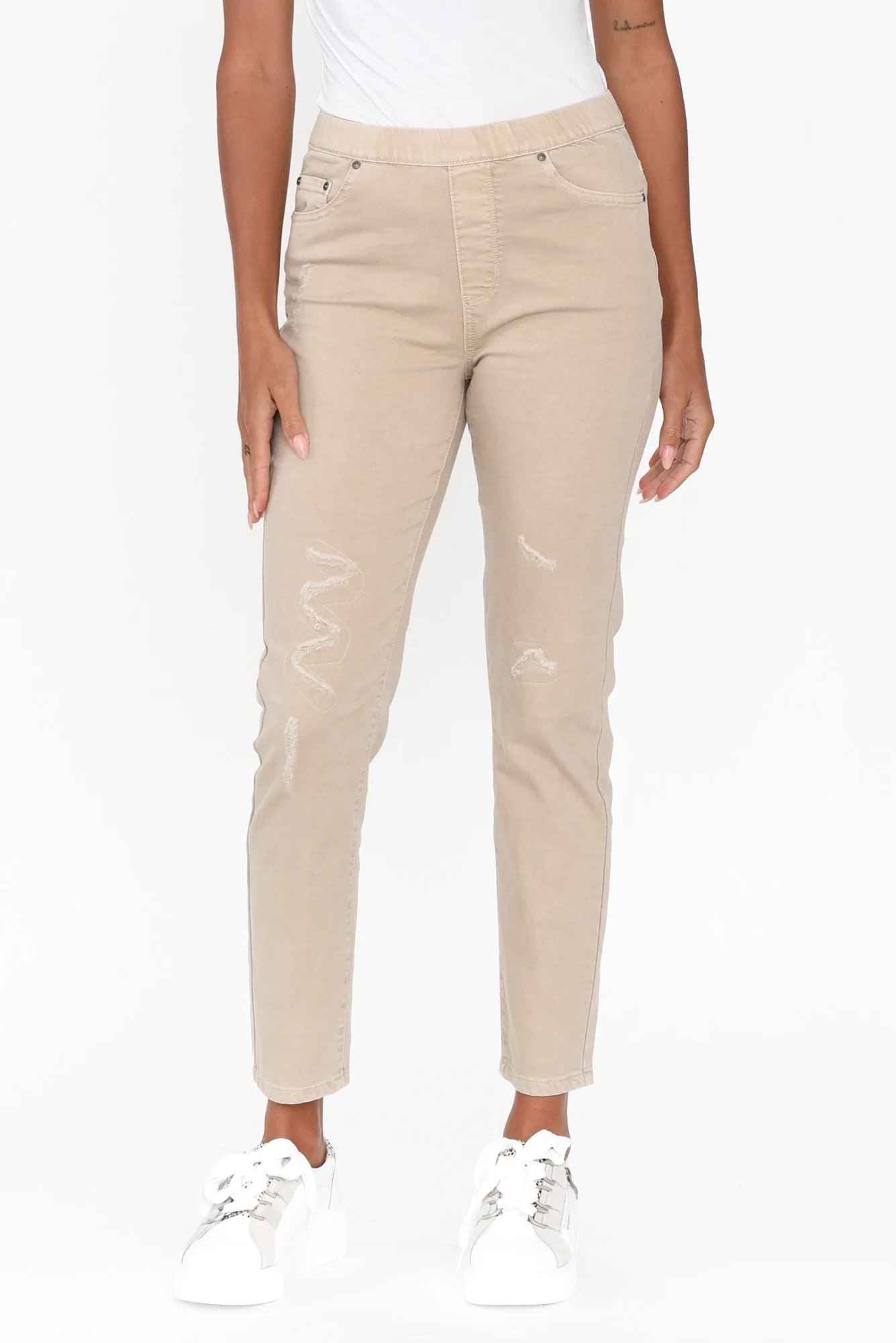 Zadie Distressed Beige Stretch Jeans