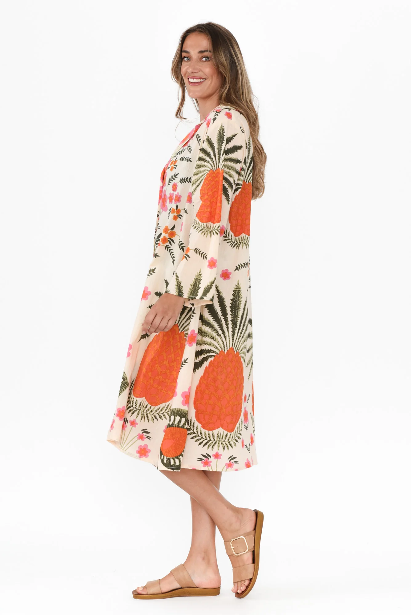 Stav Orange Tropical Cotton Button Kaftan
