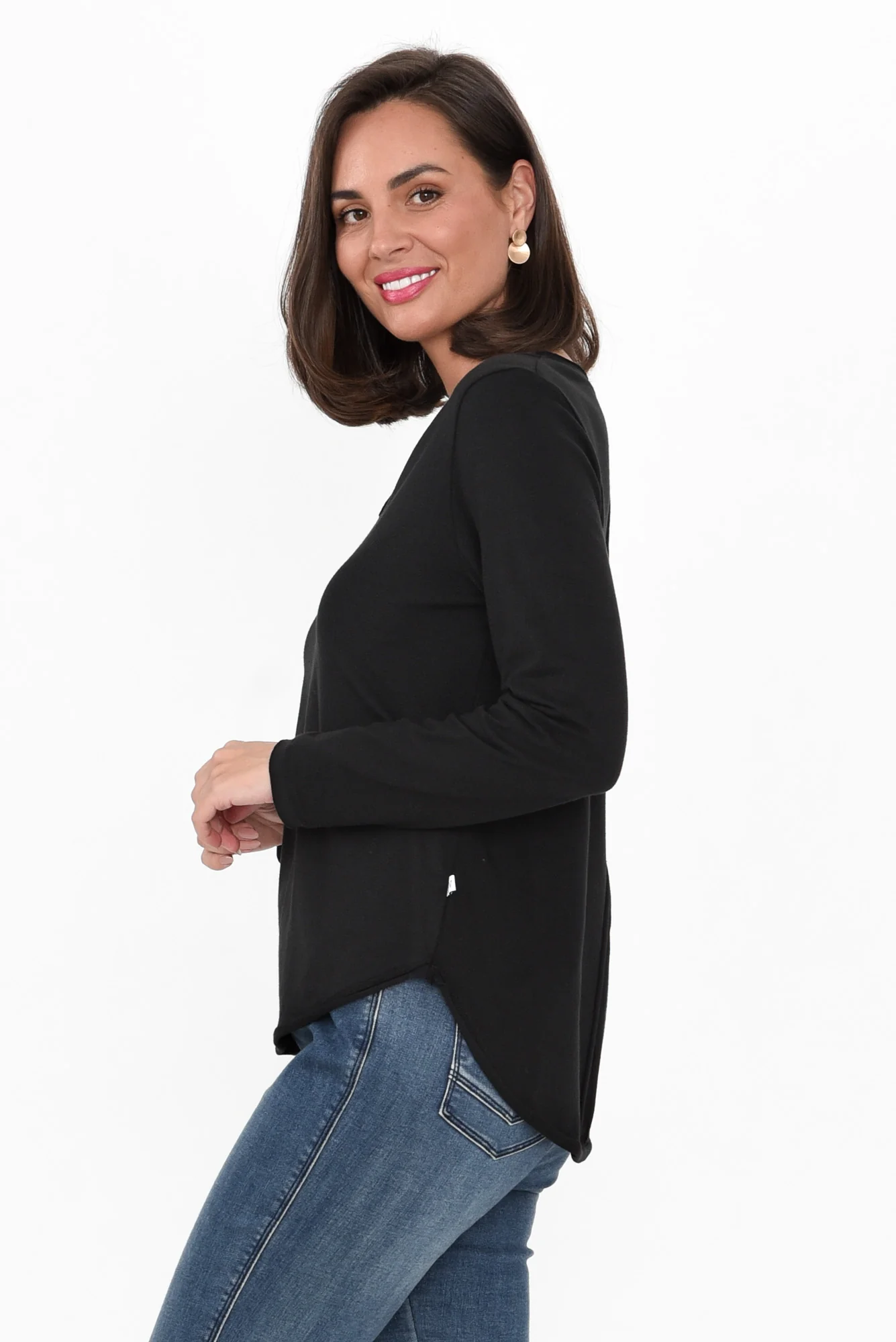Suri Black Cotton Long Sleeve Top
