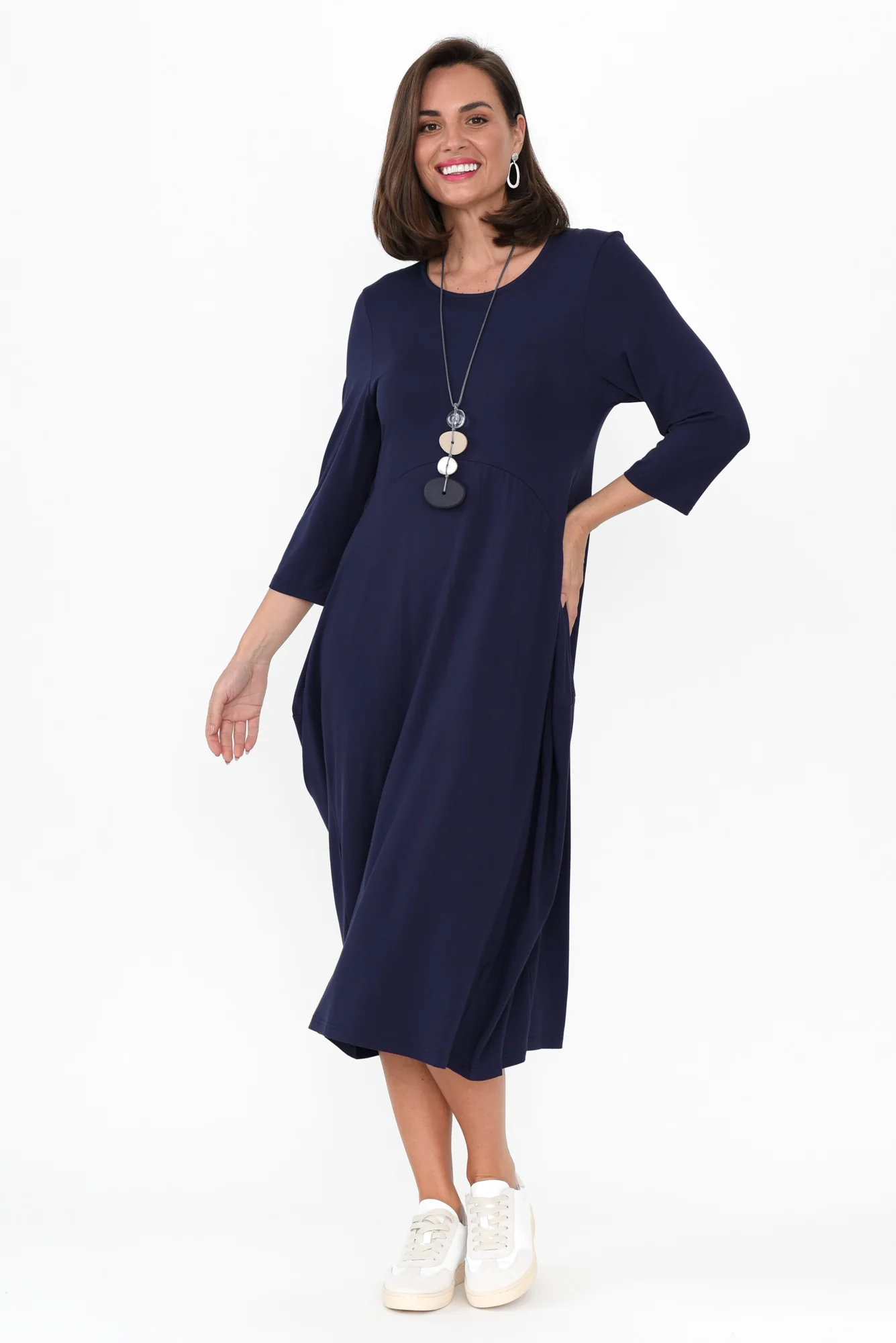Glenda Navy Sleeved Crescent Dress