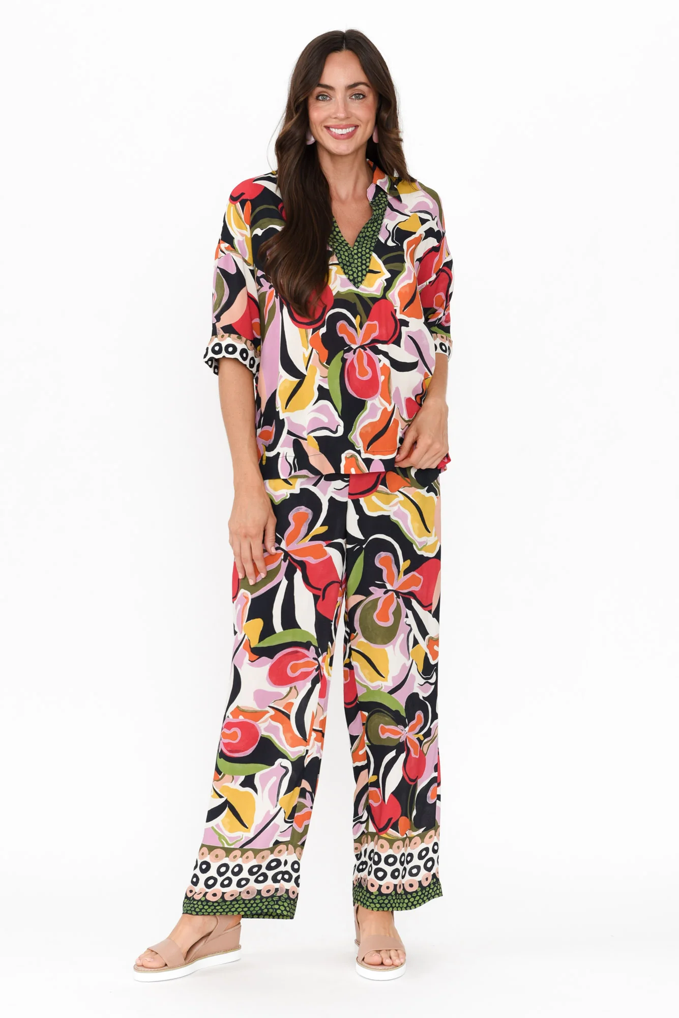 Rowi Black Tropical V Neck Top