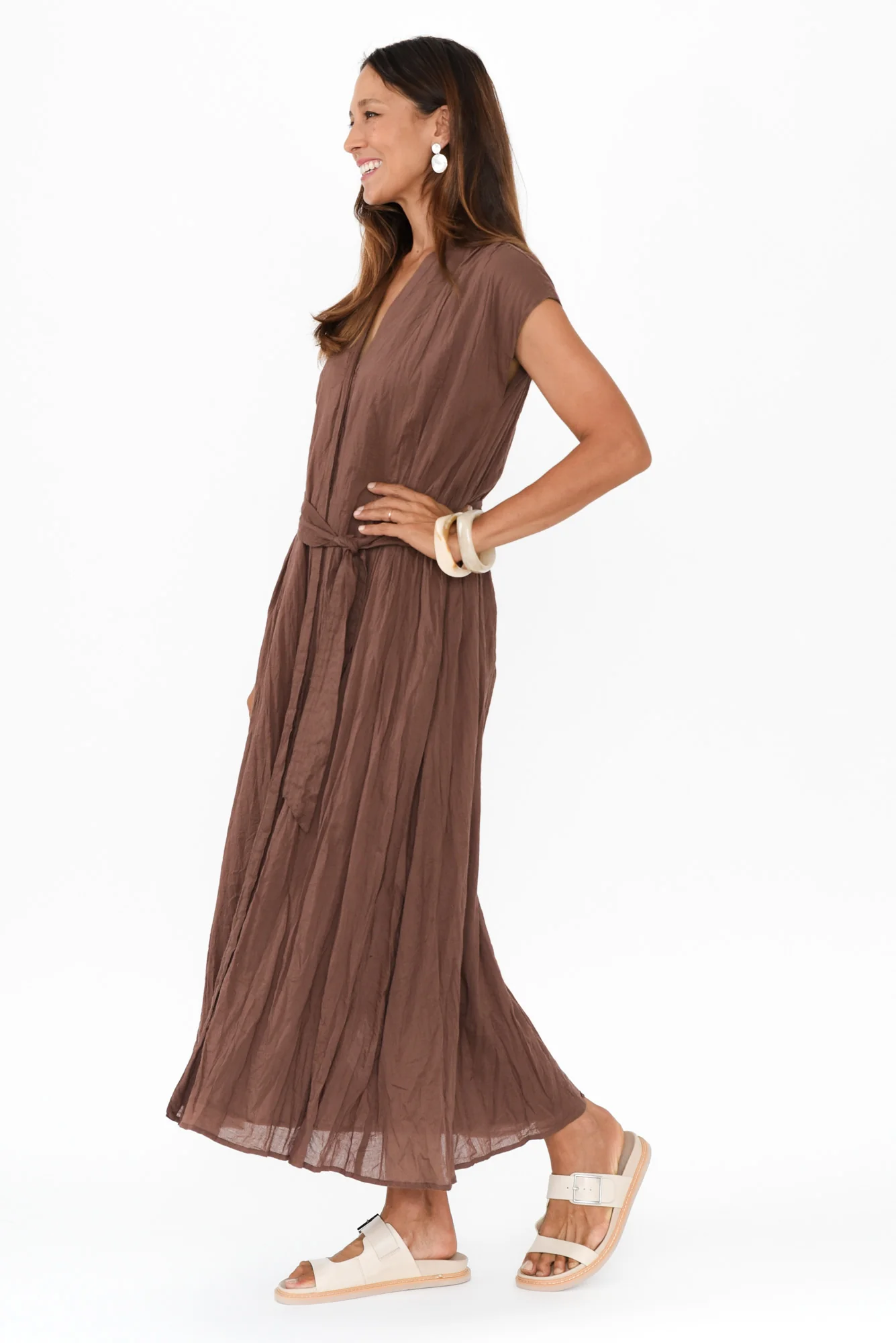 Octavia Chocolate Crinkle Cotton Button Dress