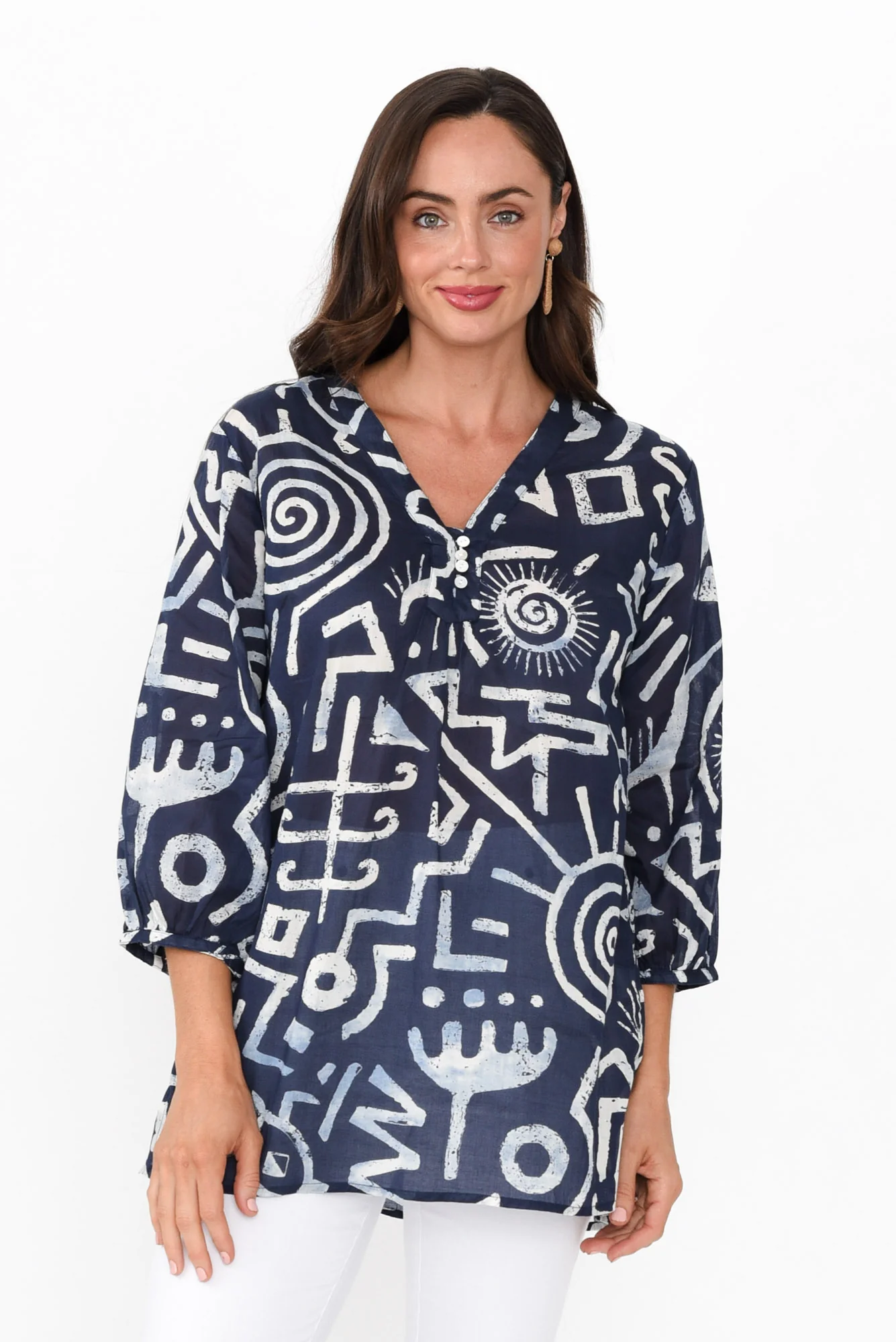 Clara Blue Geo Cotton Button Top