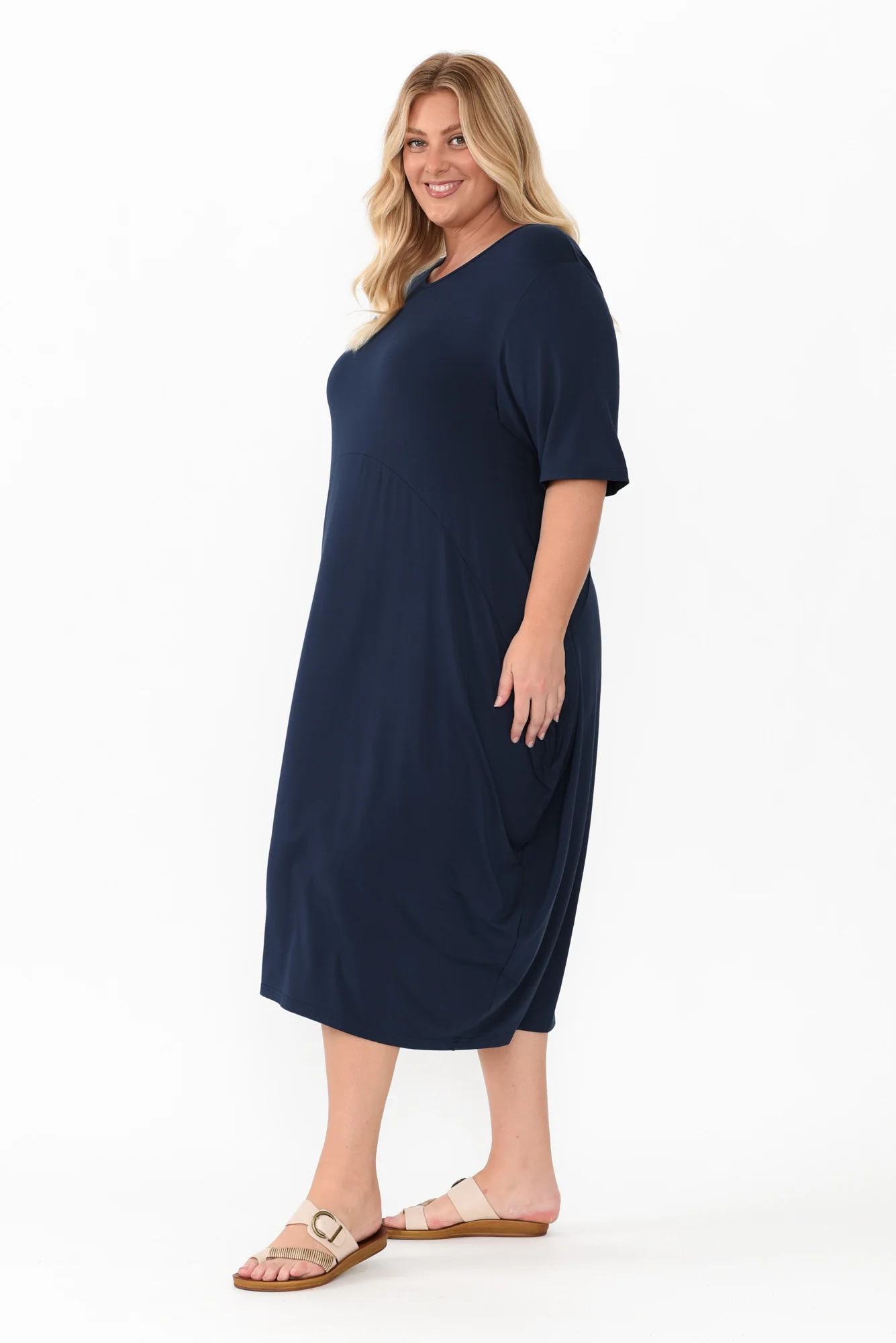 Glenda Navy Short Sleeve Crescent Dress