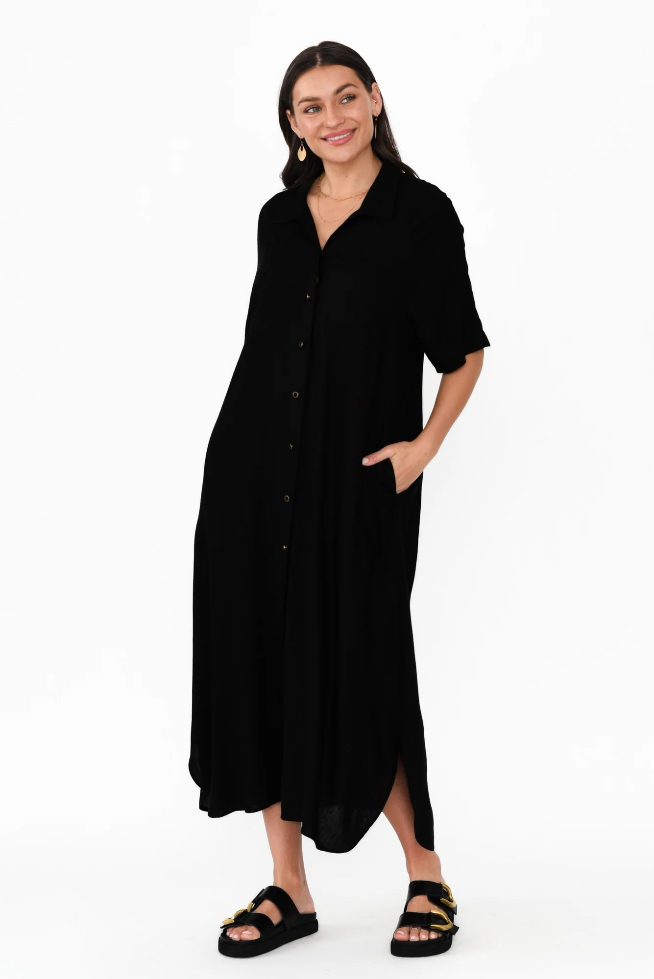 Statues Black Linen Blend Shirt Dress