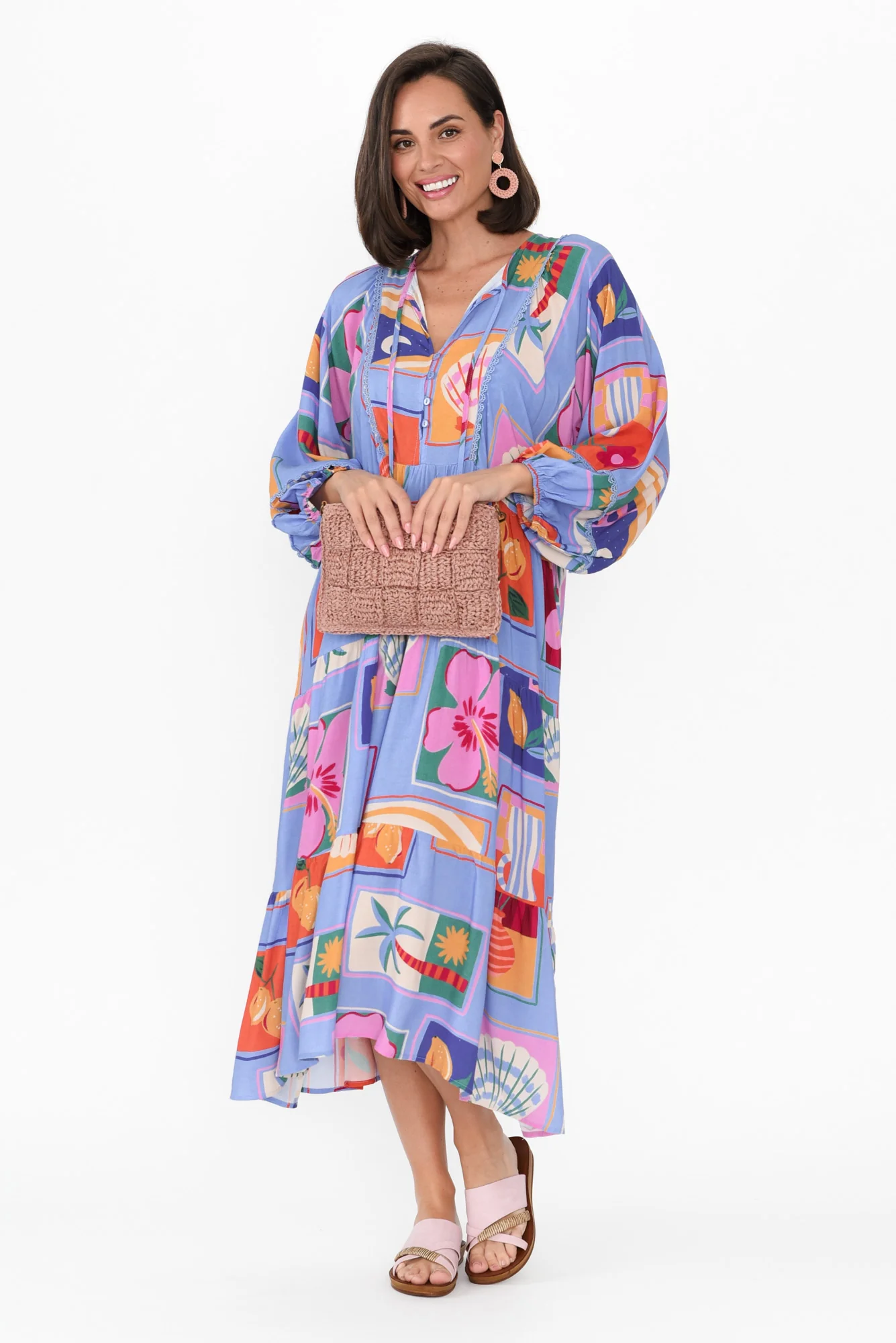 Minerva Blue Tile Puff Sleeve Dress