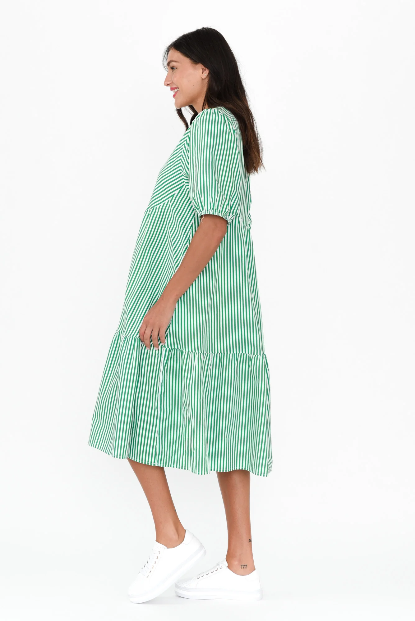 Zariah Green Stripe Cotton Tier Dress