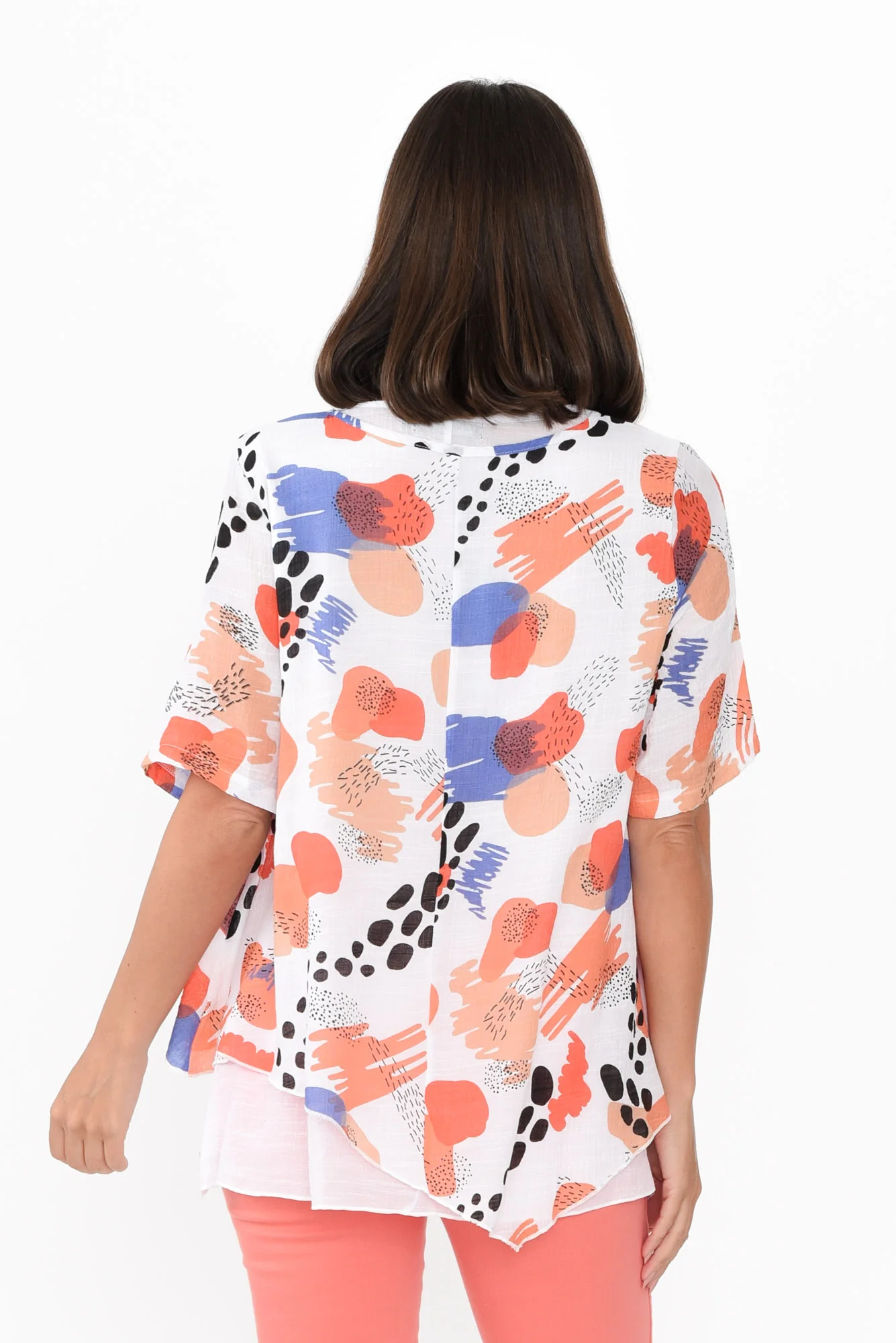 Nias Orange Abstract Cotton Linen Top