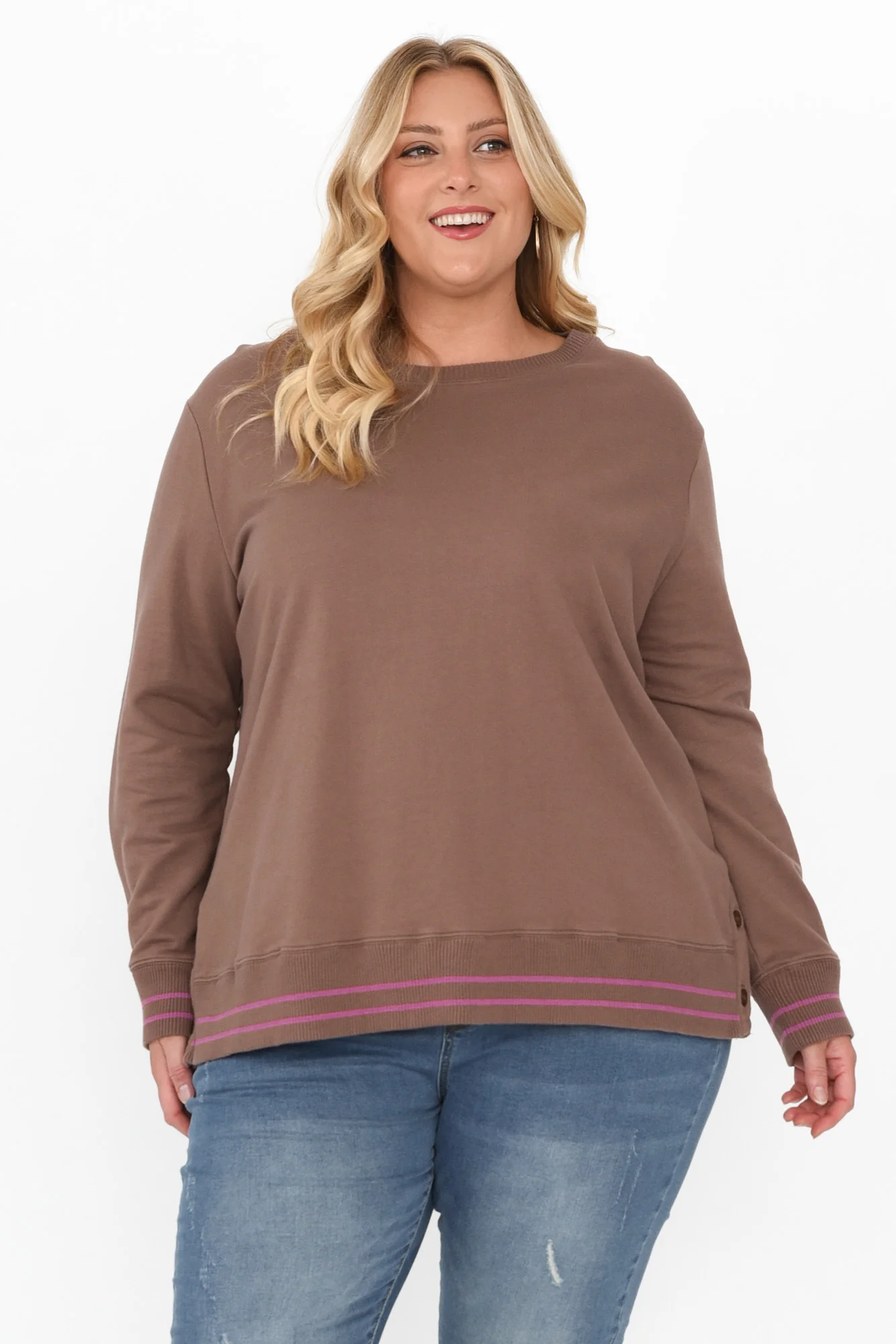 Leonie Brown Trim Cotton Blend Top
