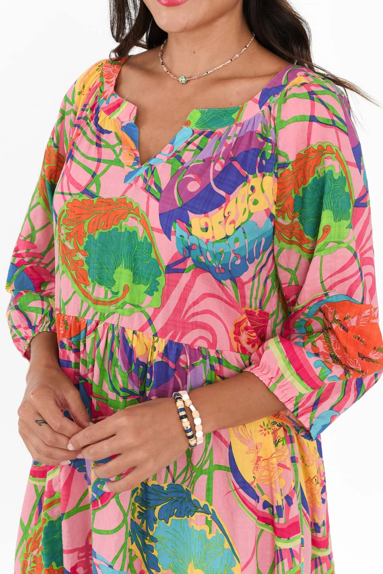 Irene Pink Tropical Cotton Blend Dress