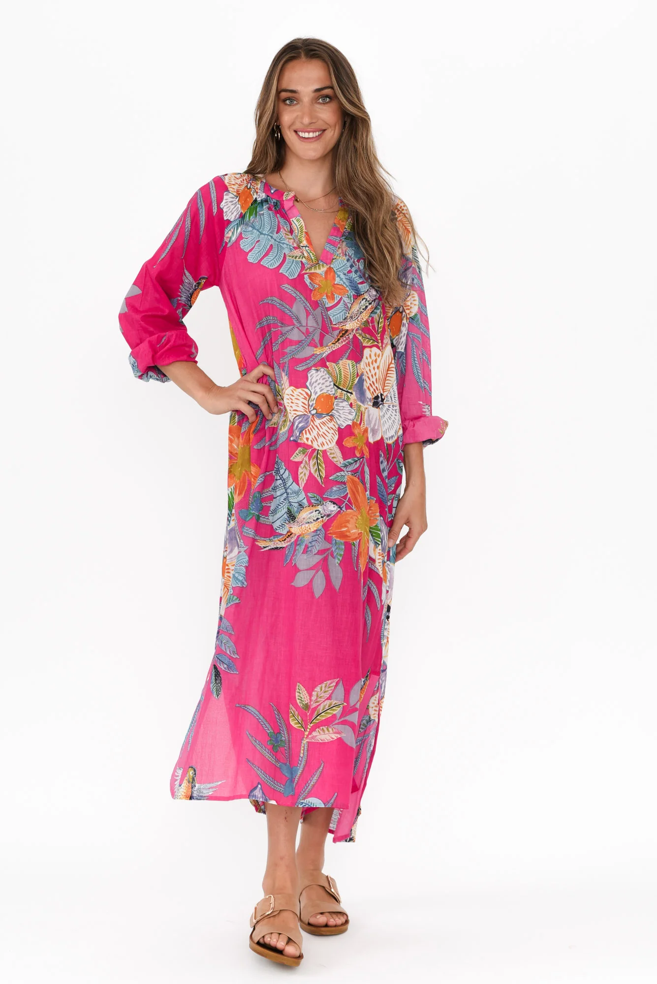 Liliana Pink Bird Cotton Kaftan