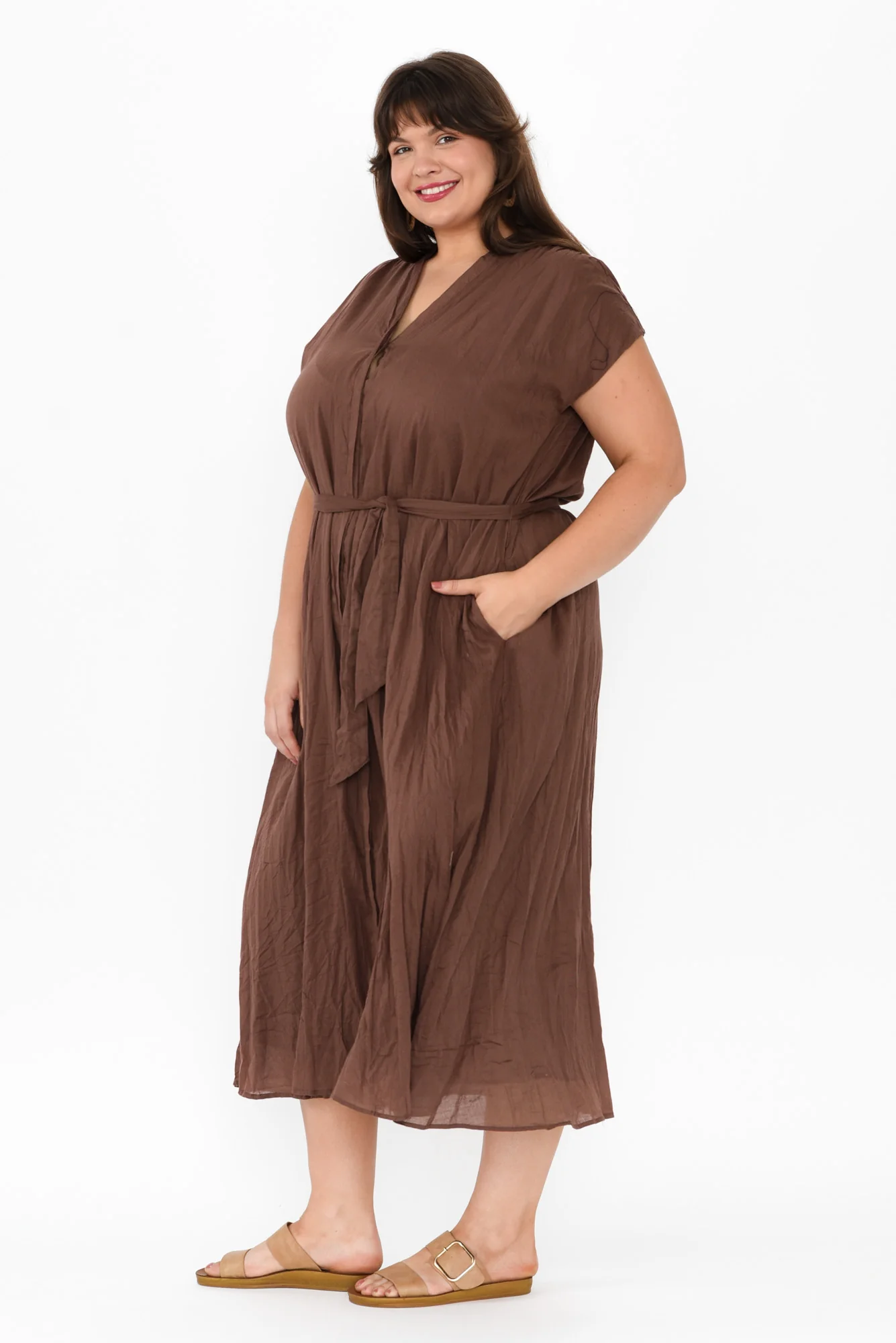 Octavia Chocolate Crinkle Cotton Button Dress