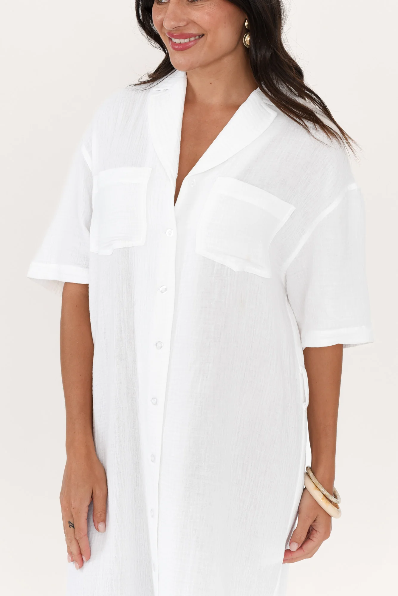 Tahiti White Cotton Cheesecloth Tie Dress