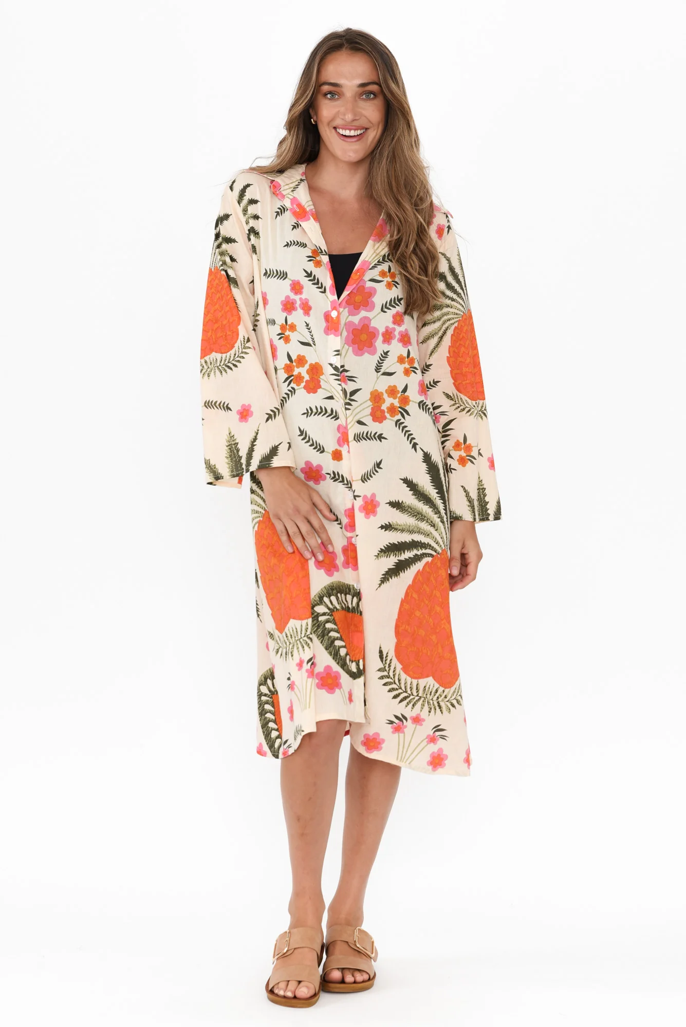 Stav Orange Tropical Cotton Button Kaftan