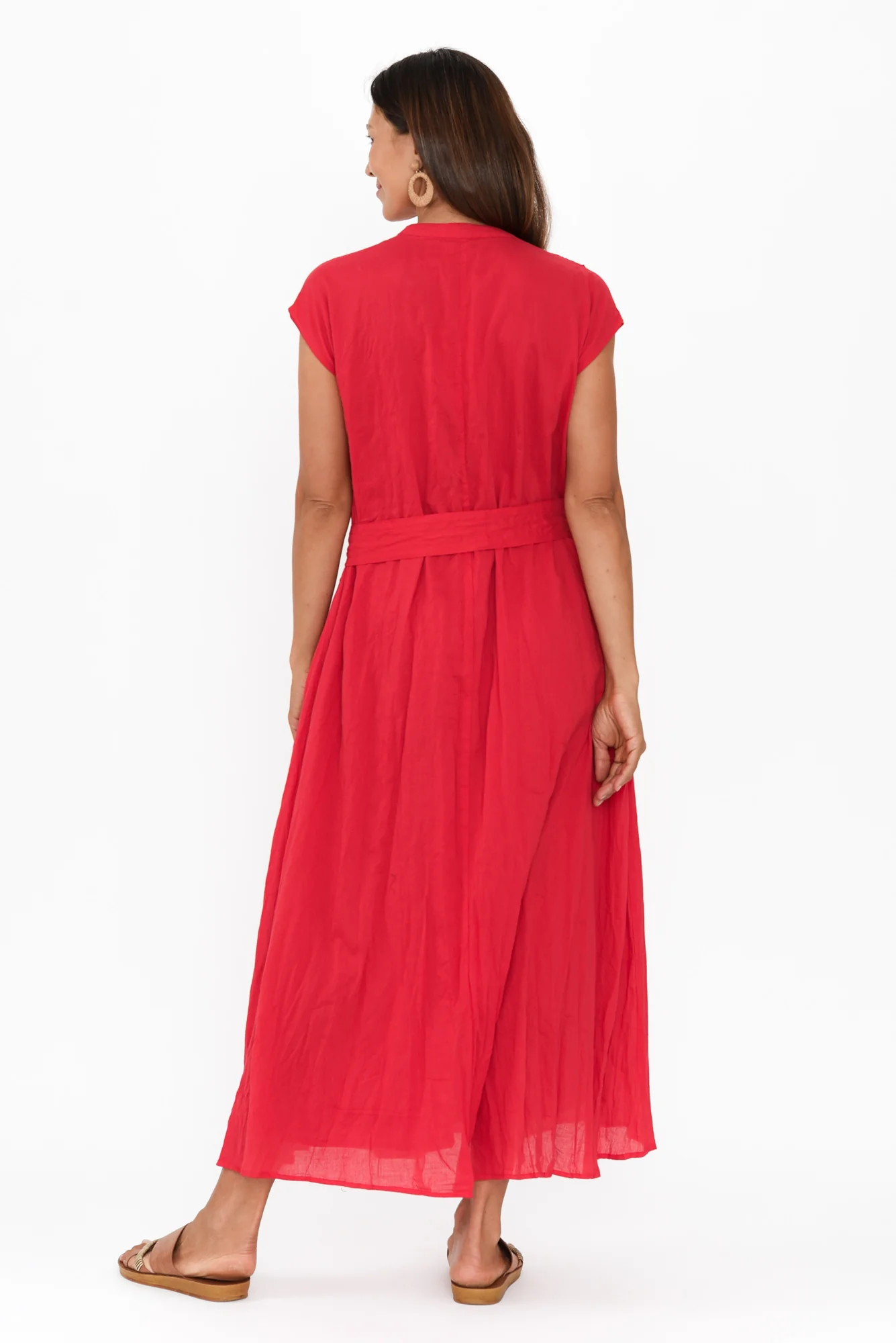 Octavia Red Crinkle Cotton Button Dress