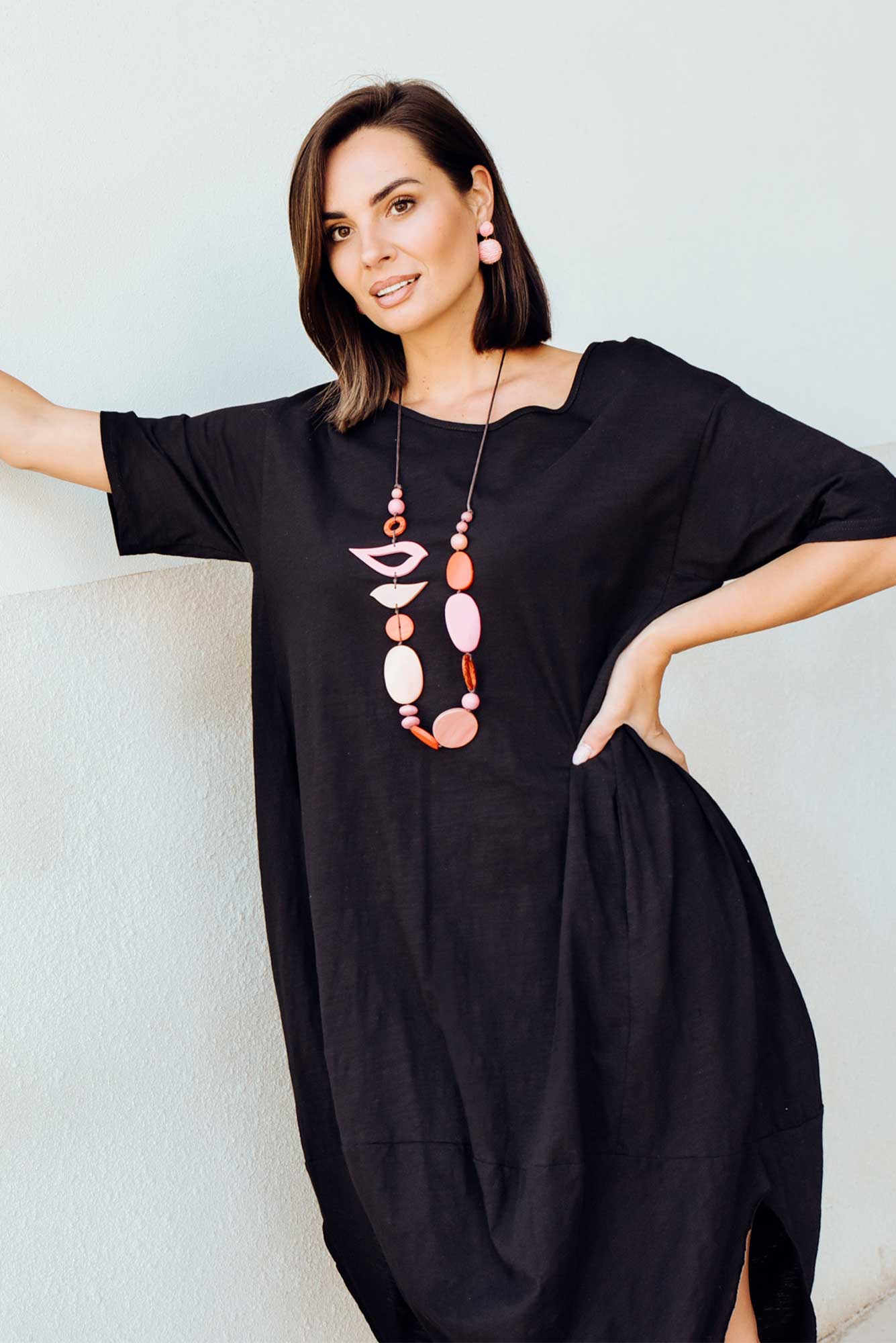 Mita Black Cotton Slub Scoop Dress