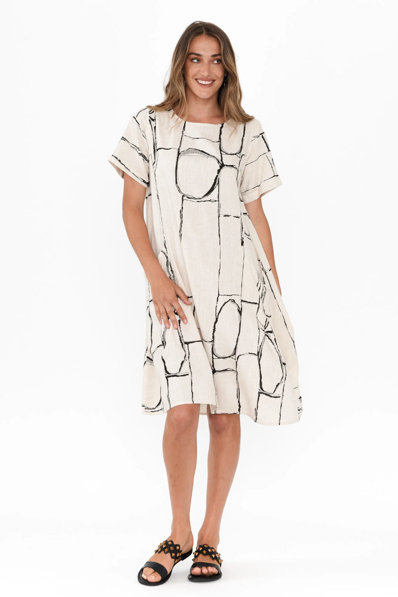 Shayann Beige Geo Linen Cotton Dress