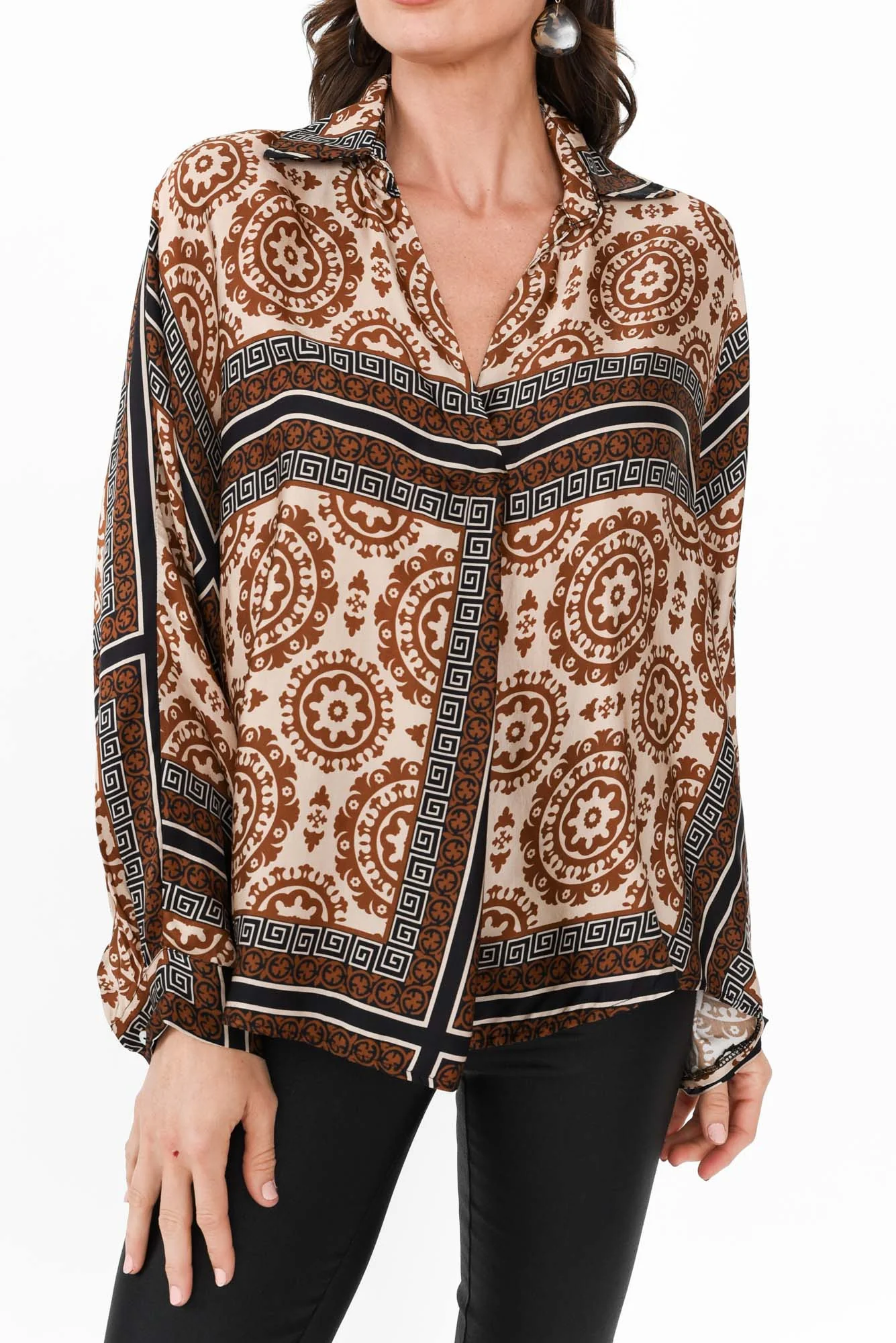 Monroe Brown Geo Silk Blend Top