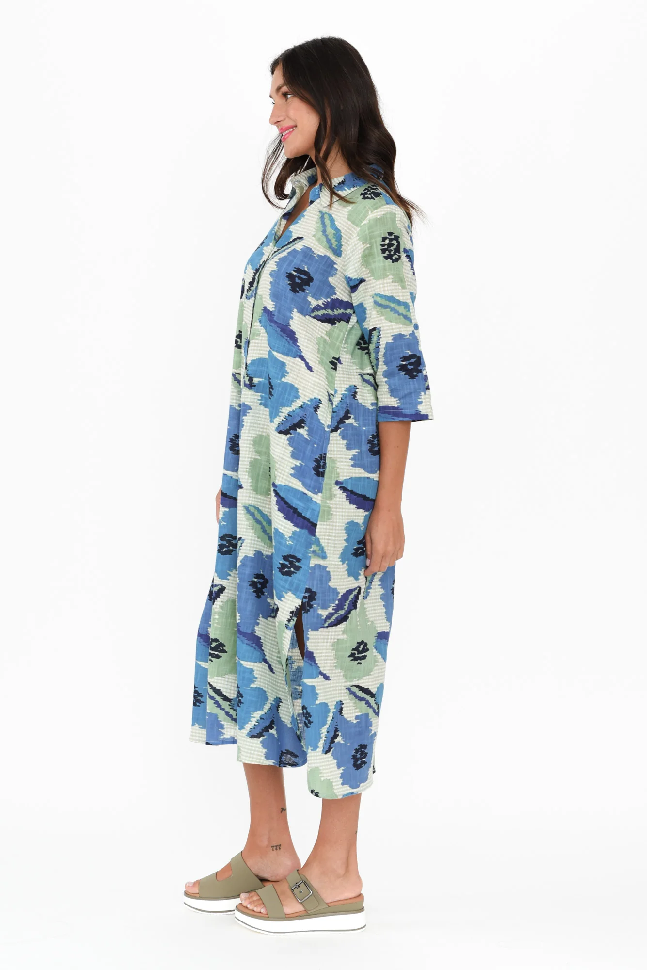 Tricia Blue Floral Cotton Shirt Dress