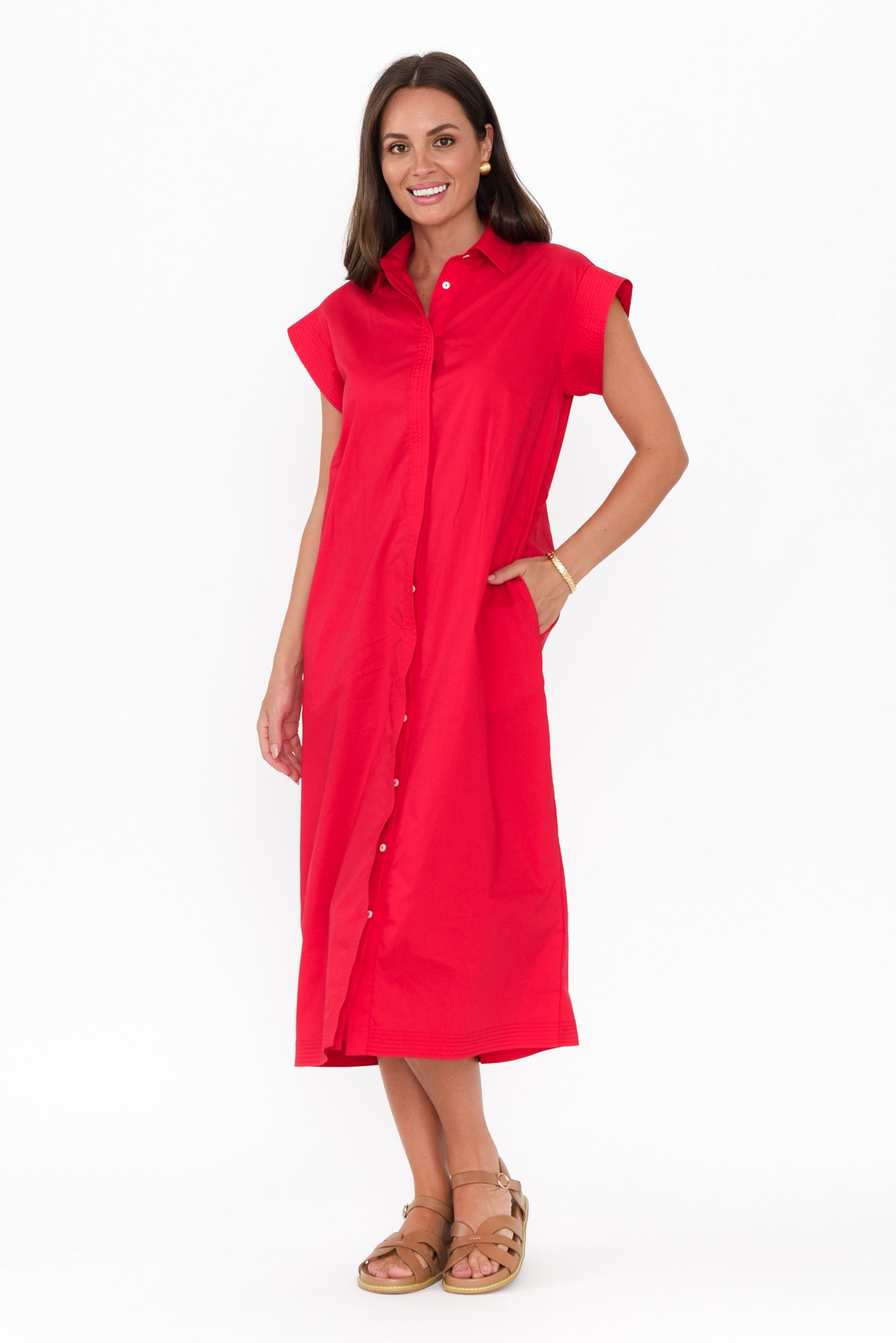 Gail Red Cotton Belted Dress
