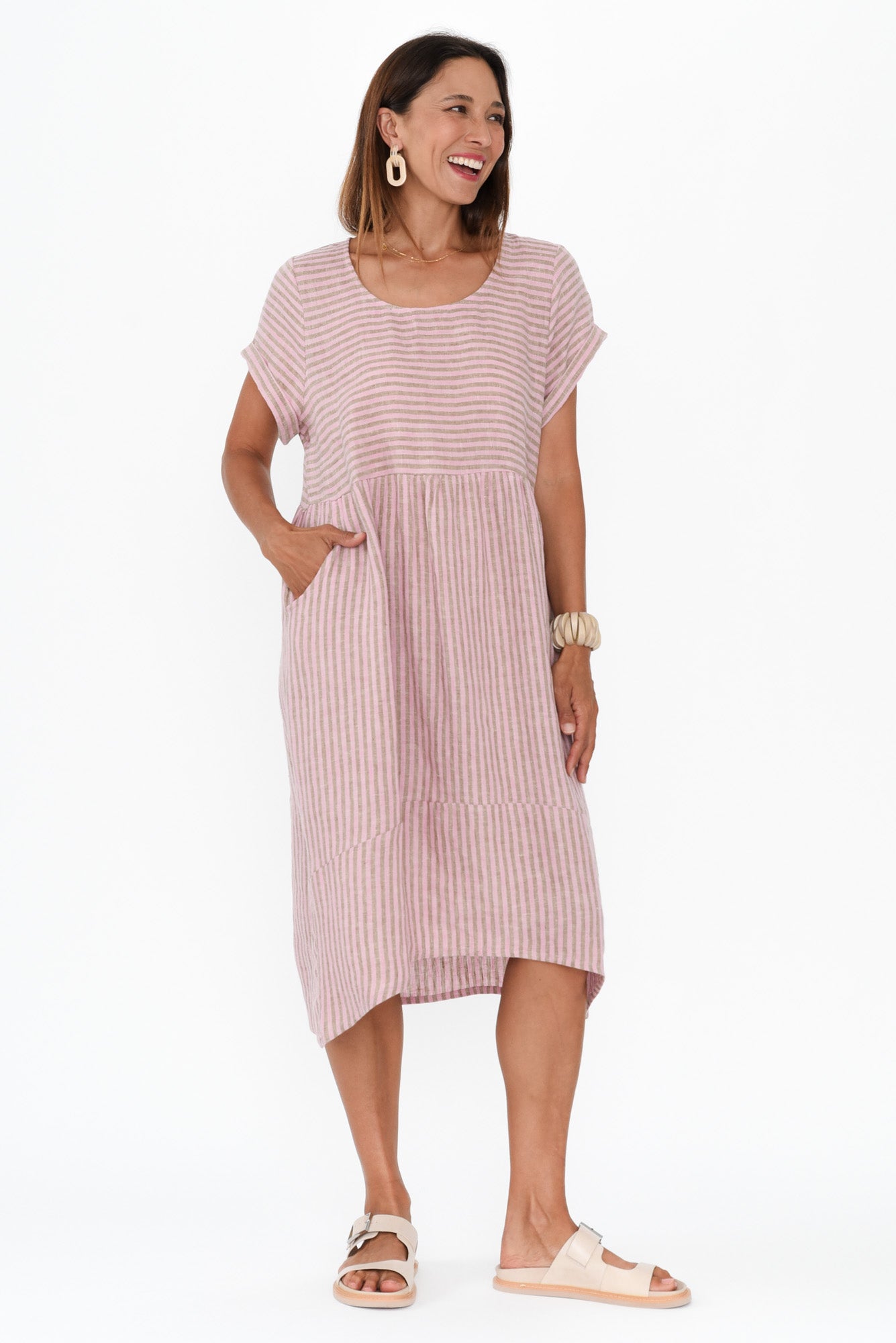 Liana Beige Stripe Linen Dress