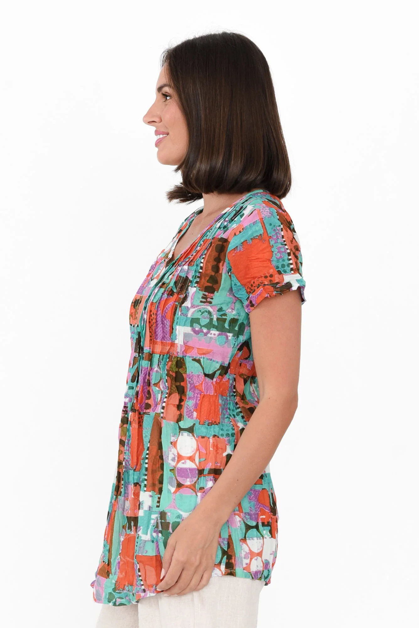 Fia Teal Patchwork Crinkle Cotton Top