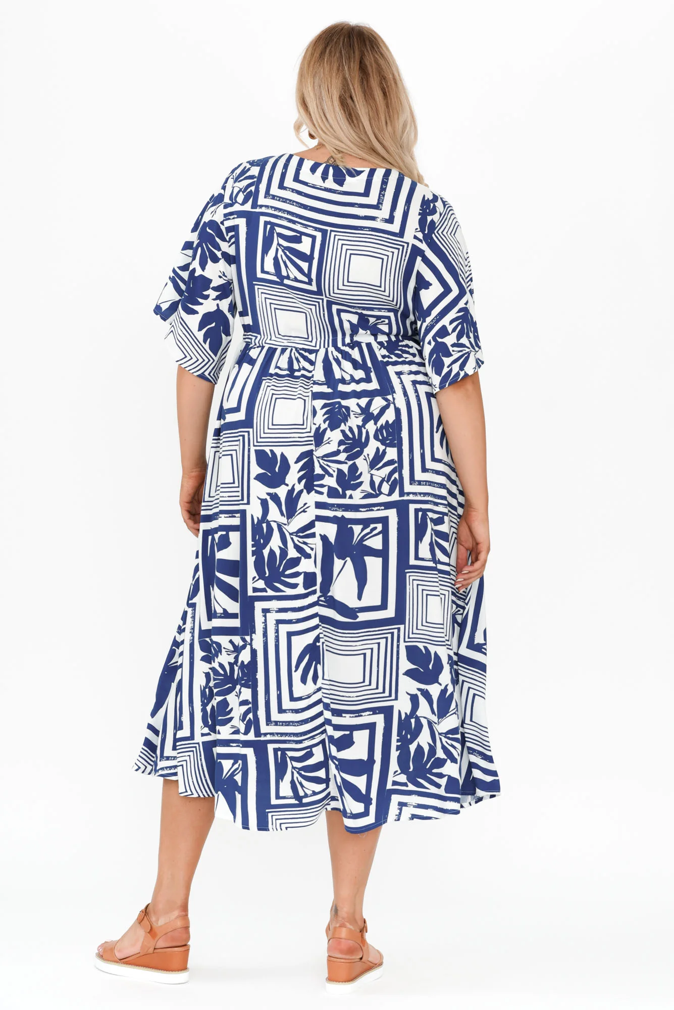 Jennifer Blue Tile Flutter Sleeve Dress