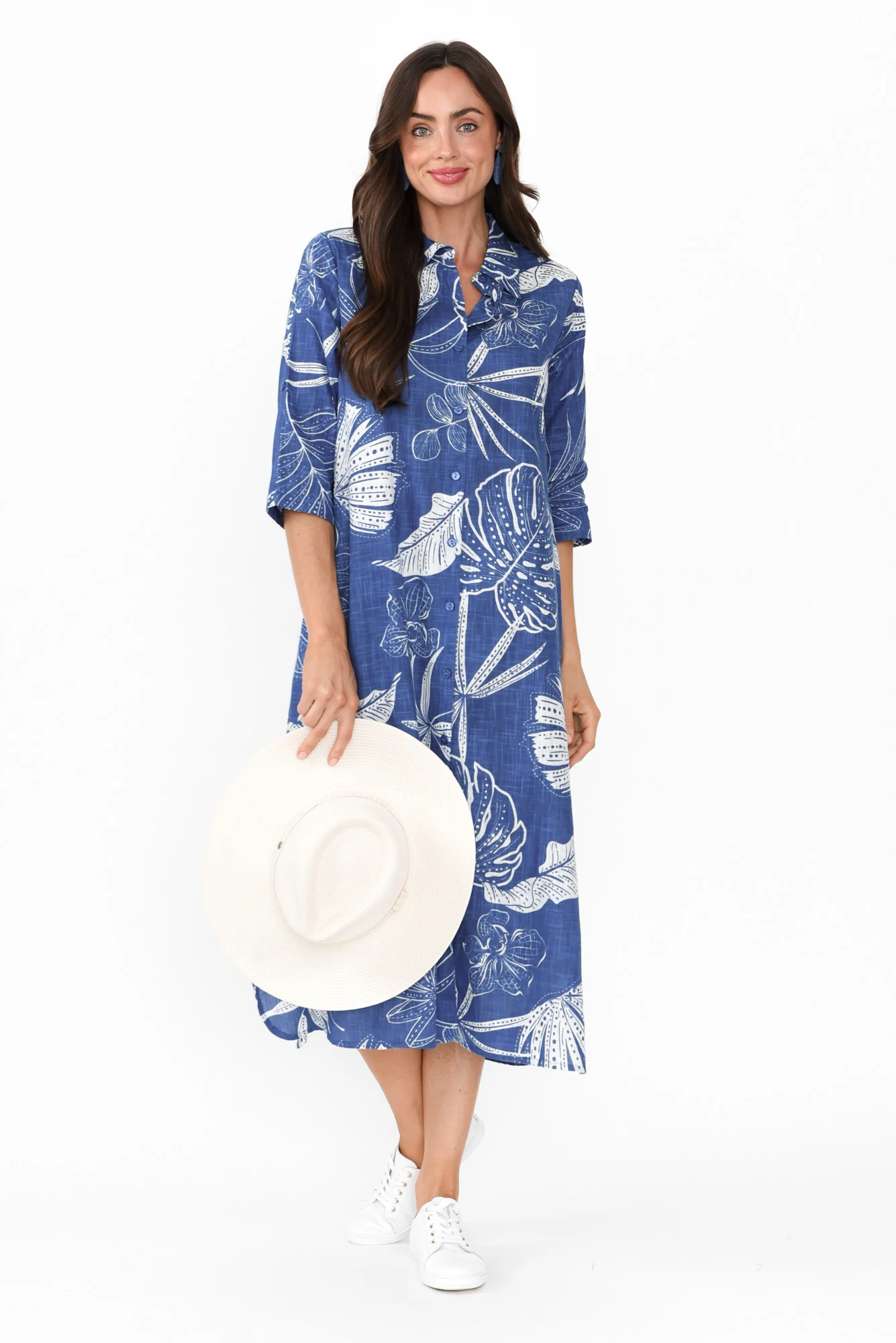 Tricia Navy Leaf Cotton Shirt Dress