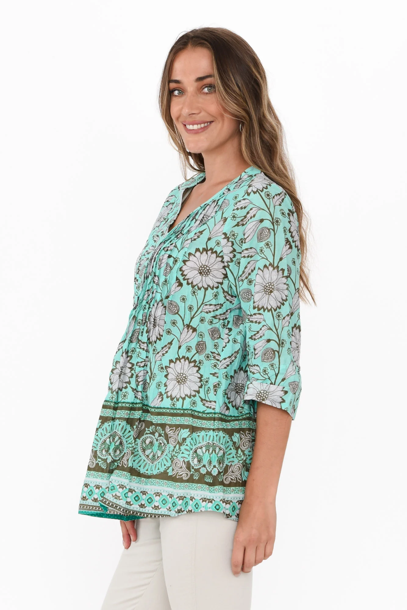 Fia Aqua Floral Sleeved Crinkle Cotton Top