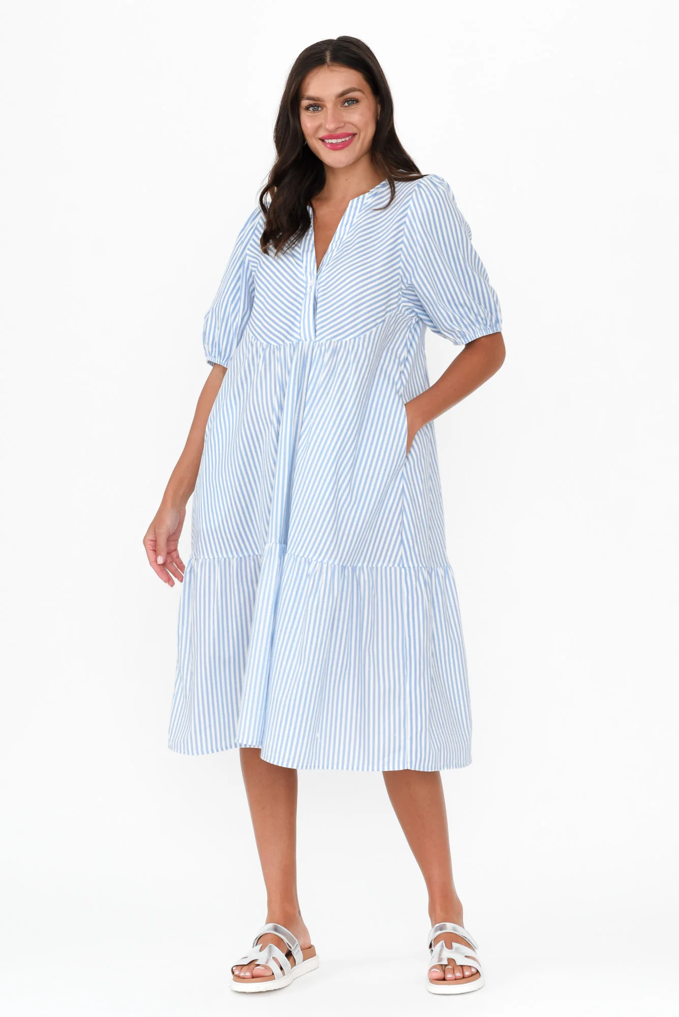 Zariah Blue Stripe Cotton Tier Dress