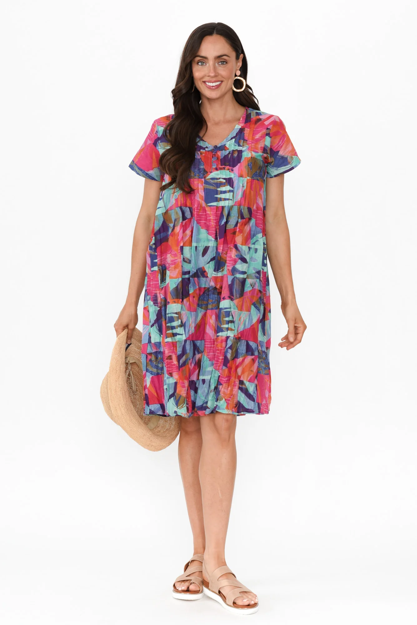 Sabina Fuchsia Geo Crinkle Cotton Dress