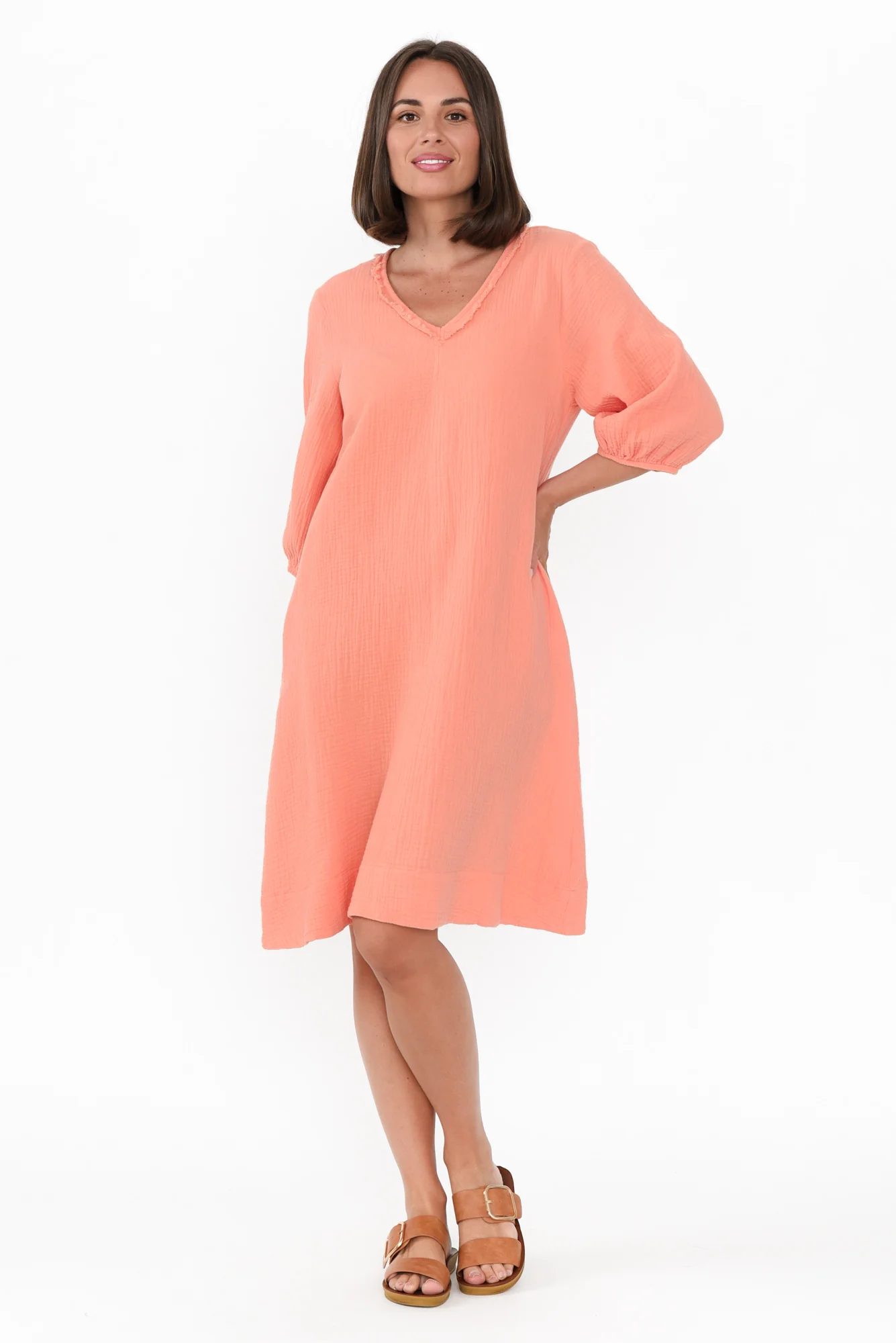 Cordelia Apricot Cotton Cheesecloth Pocket Dress
