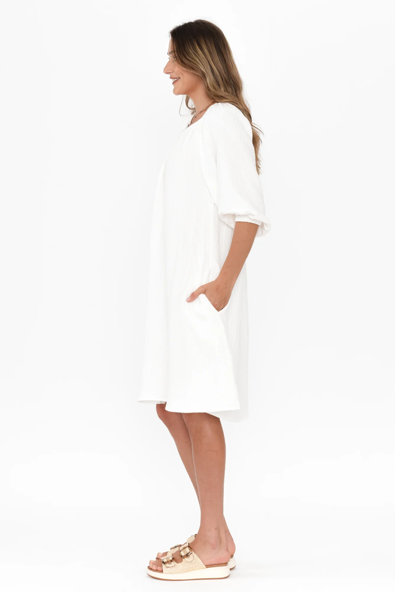 Raina White Cotton Cheesecloth Sleeved Dress