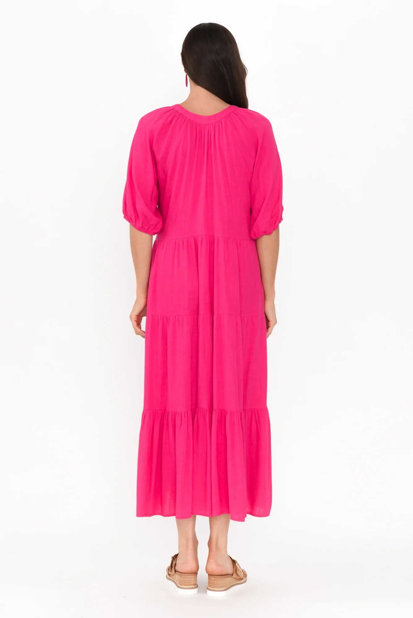 Imogene Hot Pink Cotton Linen Tiered Dress