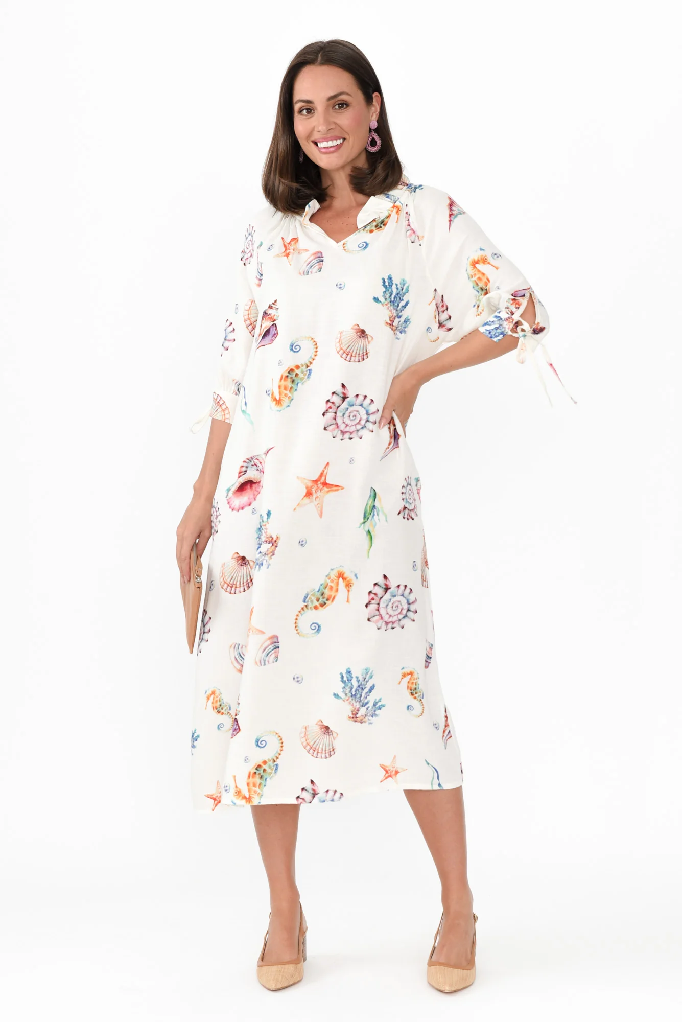 Mariel White Seashell Linen Blend Dress