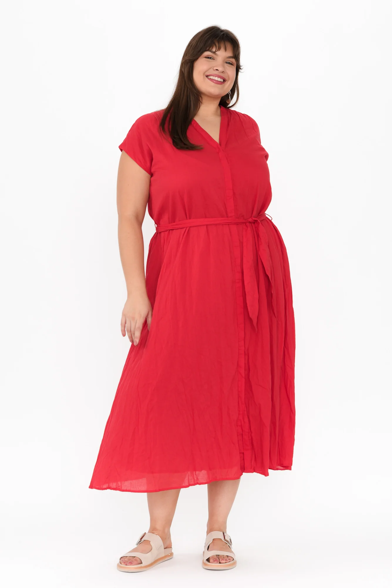 Octavia Red Crinkle Cotton Button Dress
