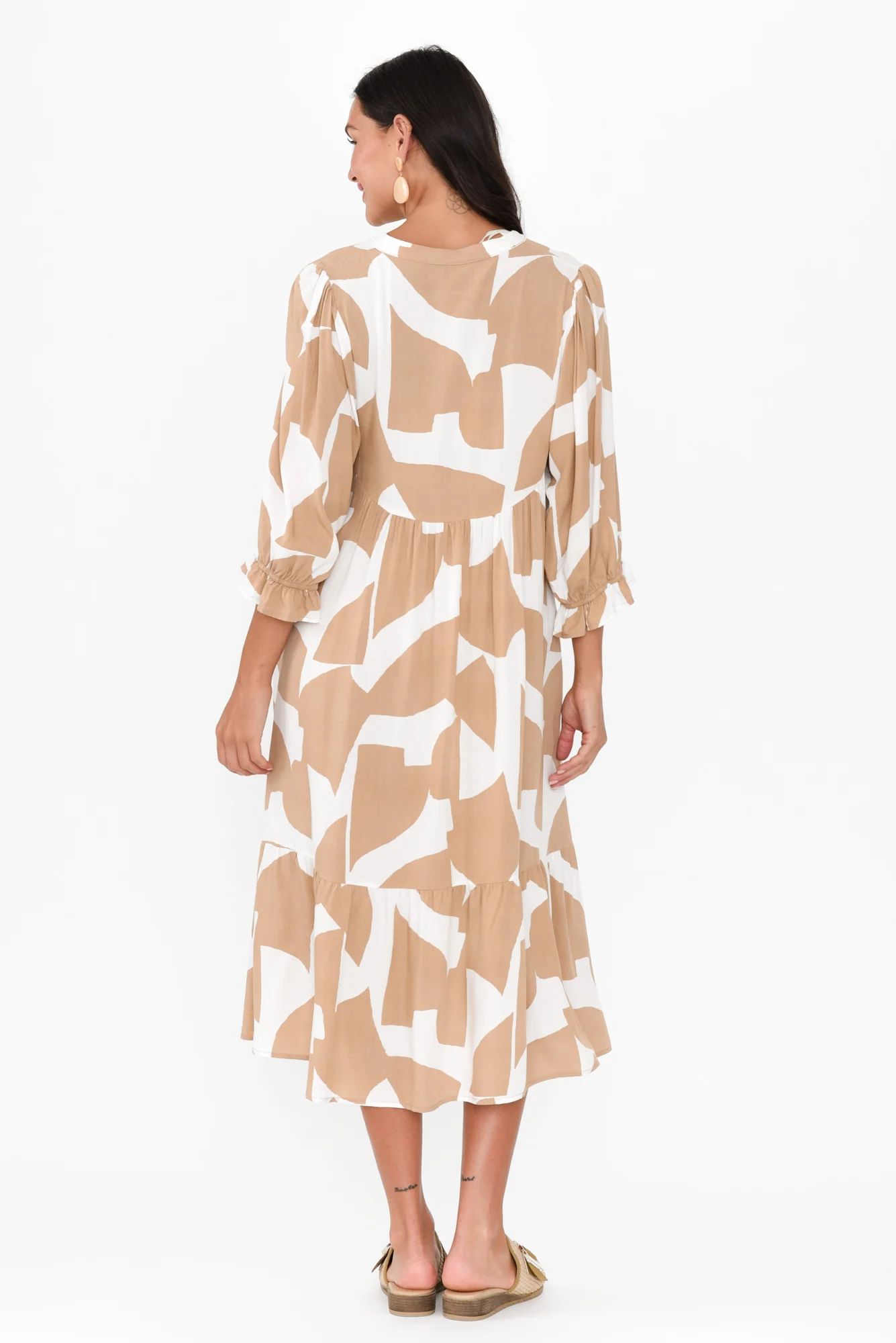 Leela Beige Abstract Sleeved Dress