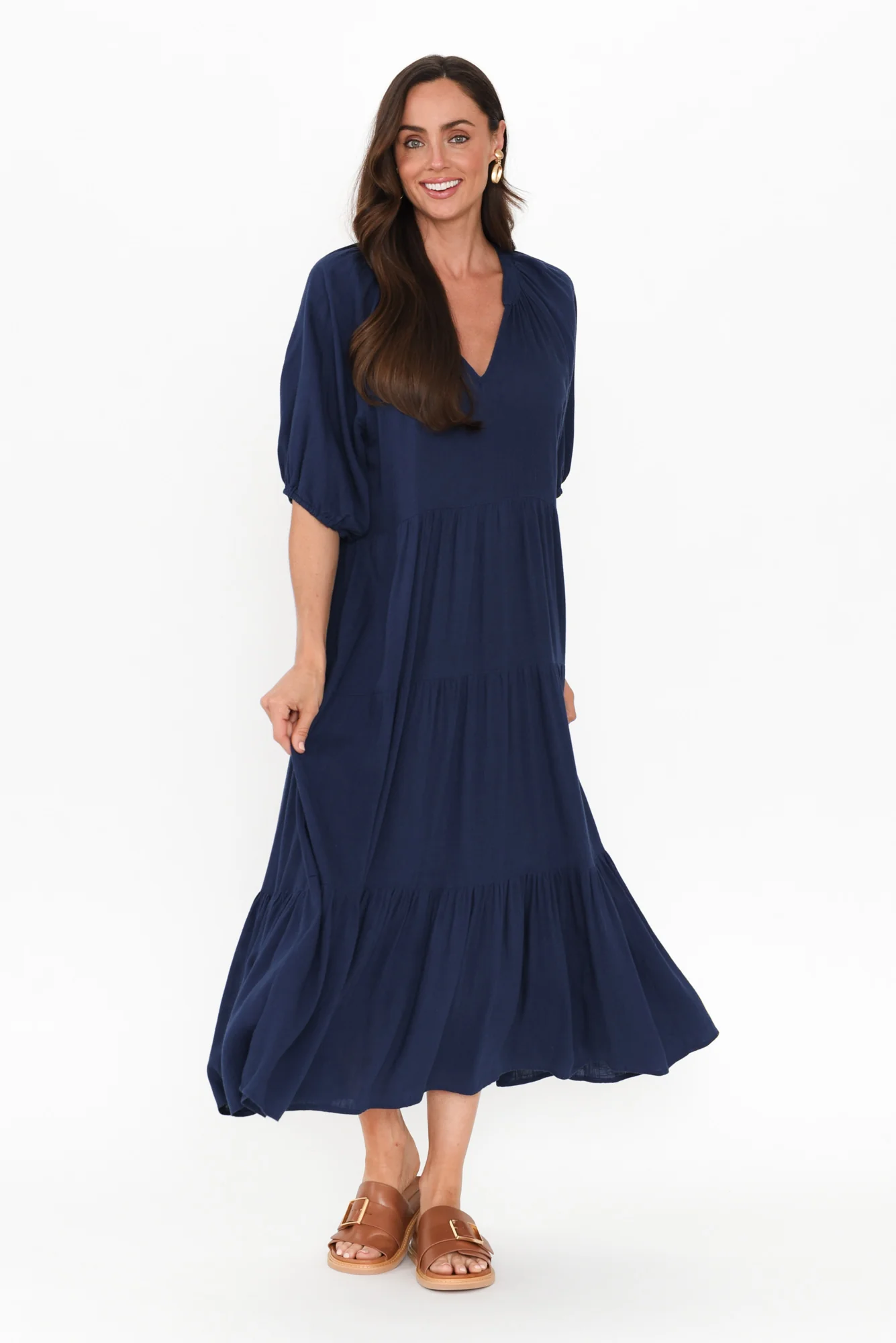 Imogene Navy Cotton Linen Tiered Dress