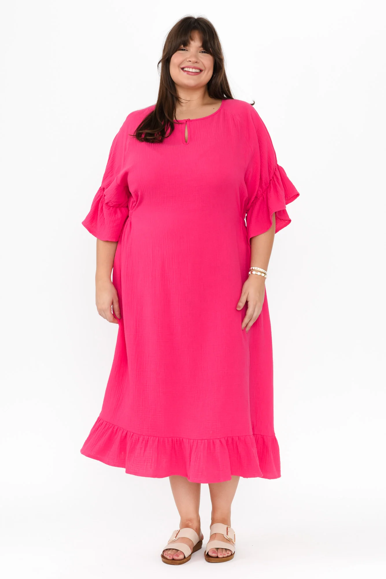 Lesi Fuchsia Cotton Cheesecloth Frill Dress