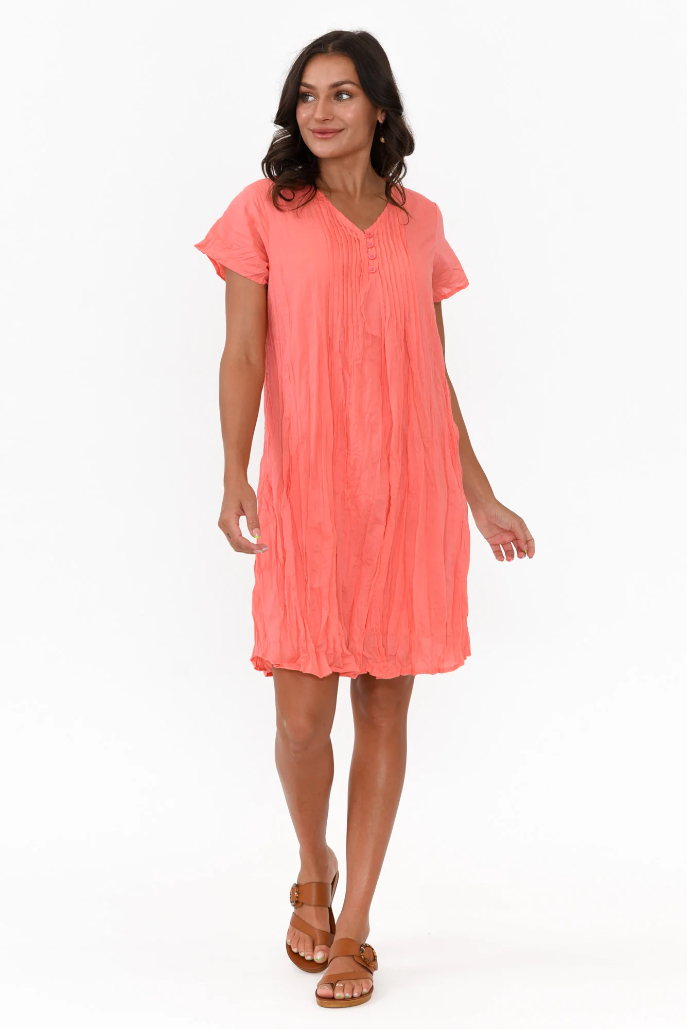 Sabina Coral Crinkle Cotton Dress