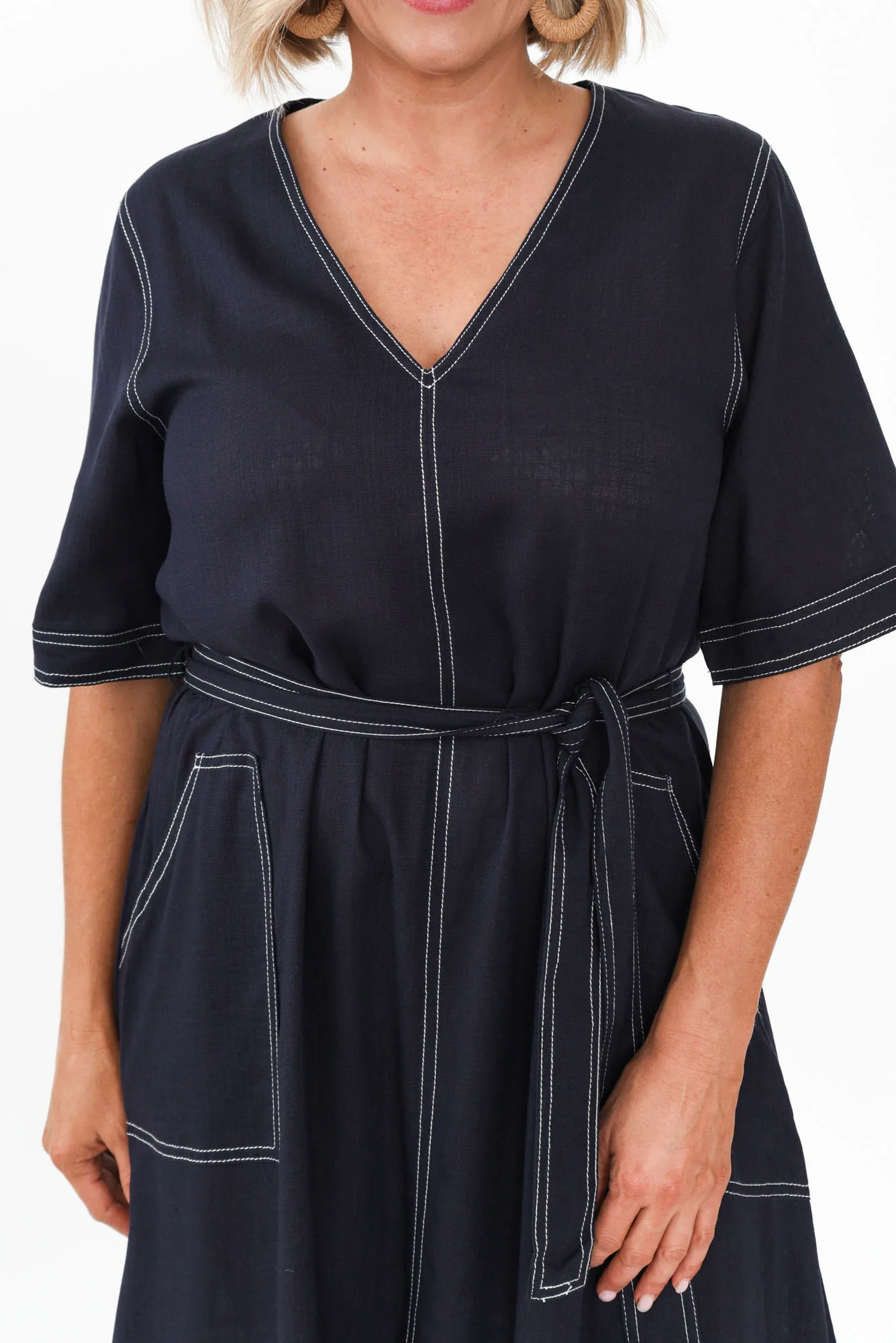 Navarra Navy Contrast Linen Blend Dress